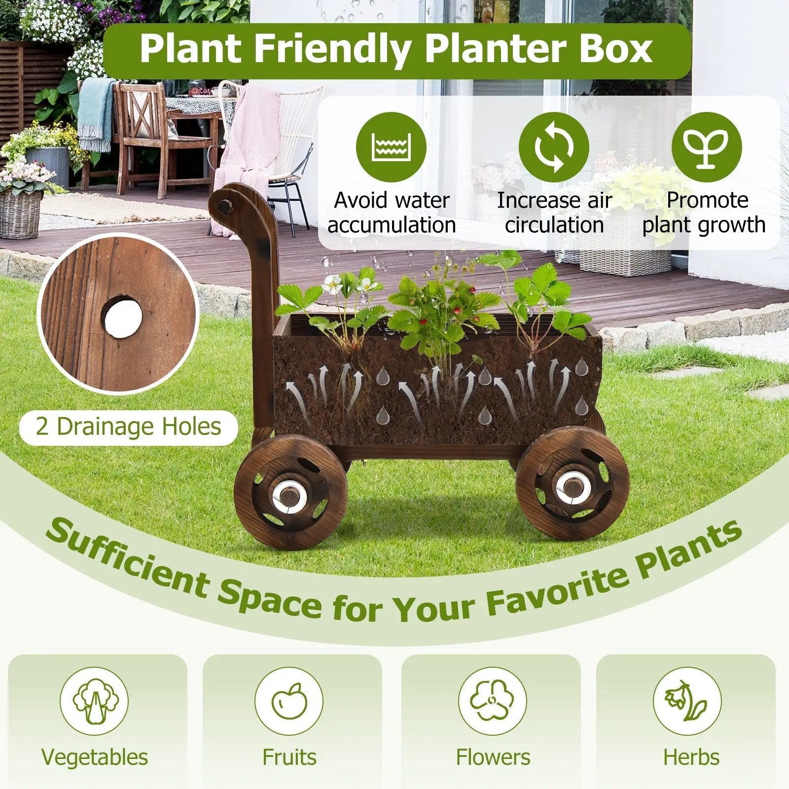 Decorative Wooden Wagon Cart with Handle Wheels and Drainage Hole-Rustic Brown by DirectDeals