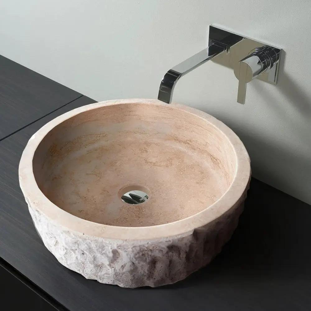 Denizli Beige Travertine Vessel Sink Rustic Hand Chiseled Exterior Honed Interior D16 by GobekDesign