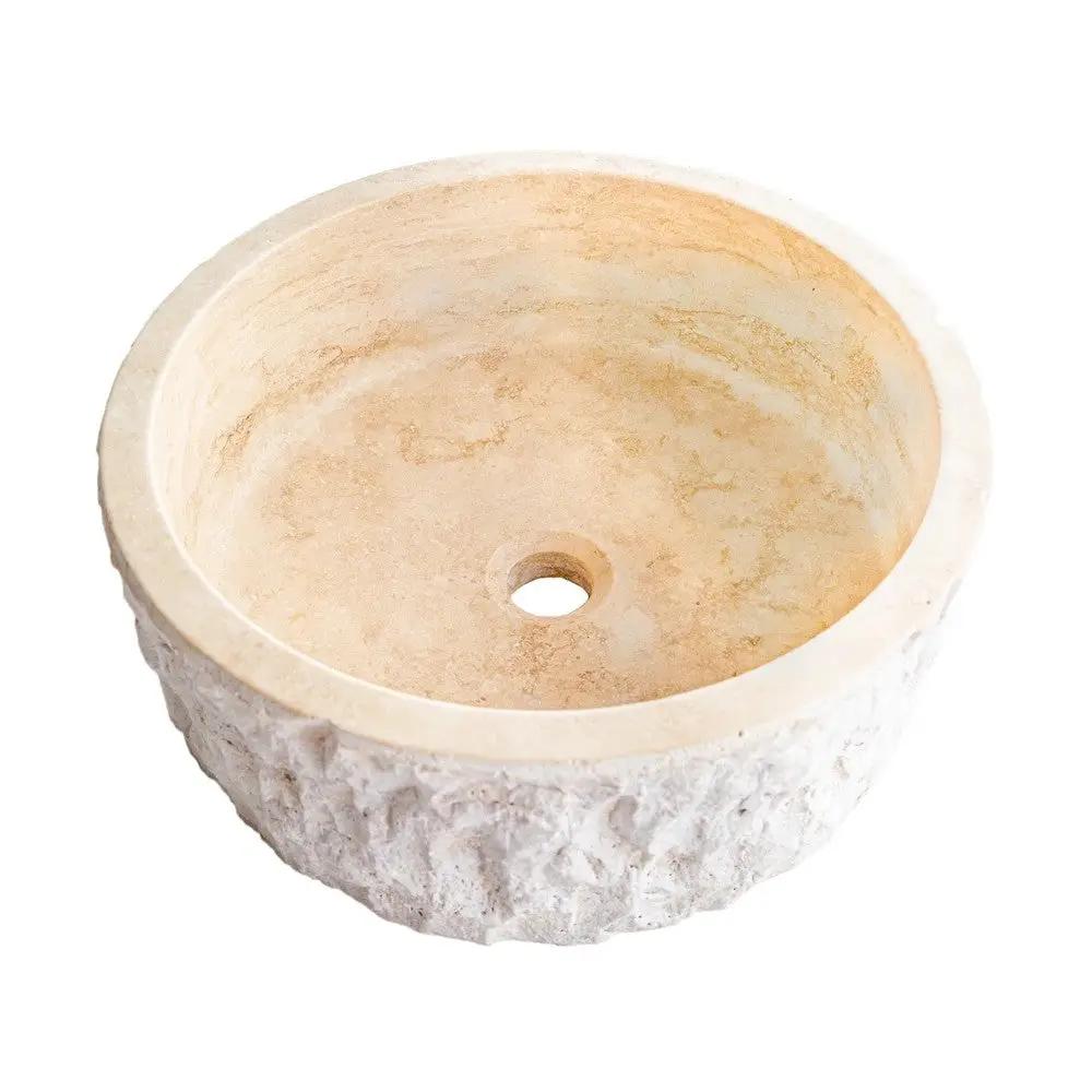 Denizli Beige Travertine Vessel Sink Rustic Hand Chiseled Exterior Honed Interior D16 by GobekDesign
