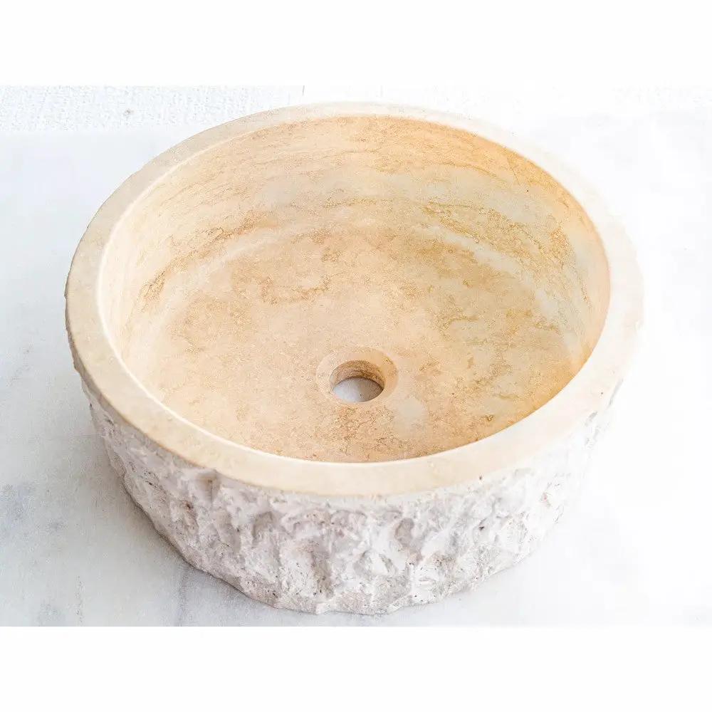 Denizli Beige Travertine Vessel Sink Rustic Hand Chiseled Exterior Honed Interior D16 by GobekDesign