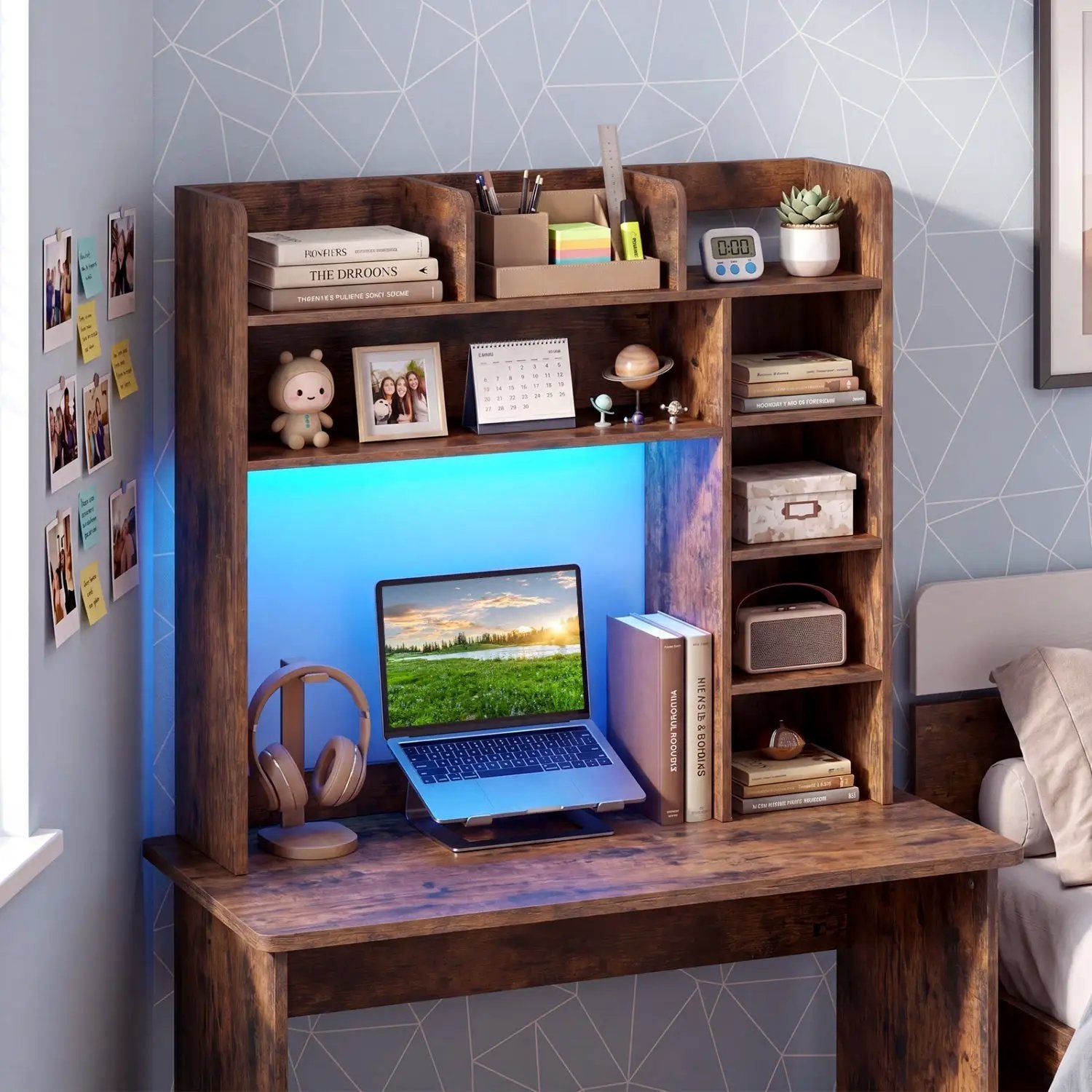 Desktop Bookshelf with LED Lights 35.5" Desk Hutch Organizer by DirectDeals