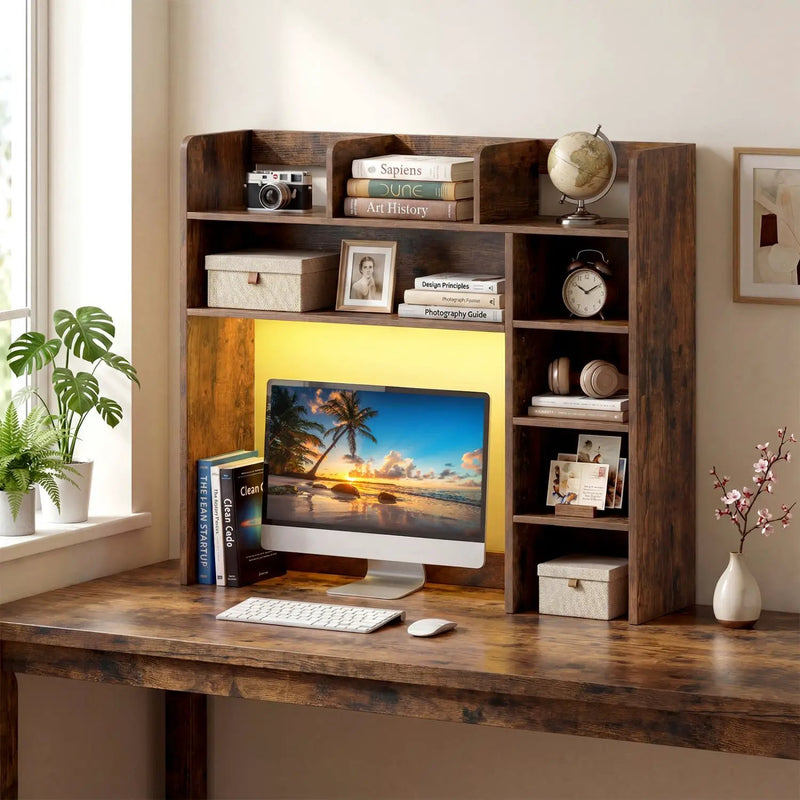 Desktop Bookshelf with LED Lights 35.5" Desk Hutch Organizer by DirectDeals