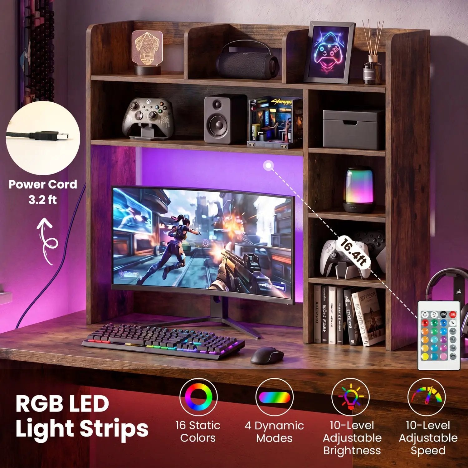 Desktop Bookshelf with LED Lights 35.5" Desk Hutch Organizer by DirectDeals