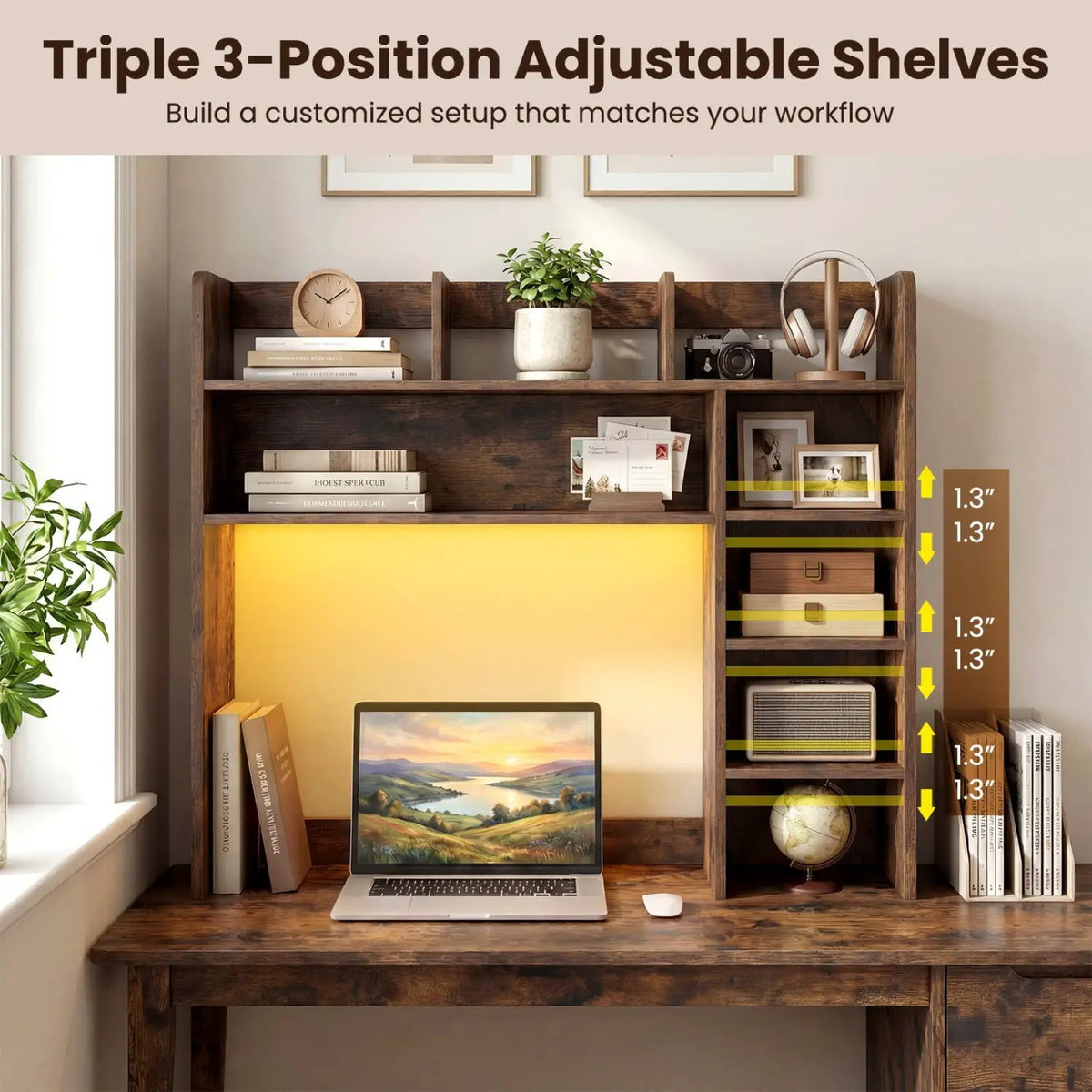 Desktop Bookshelf with LED Lights 35.5" Desk Hutch Organizer, photo 7 of 16