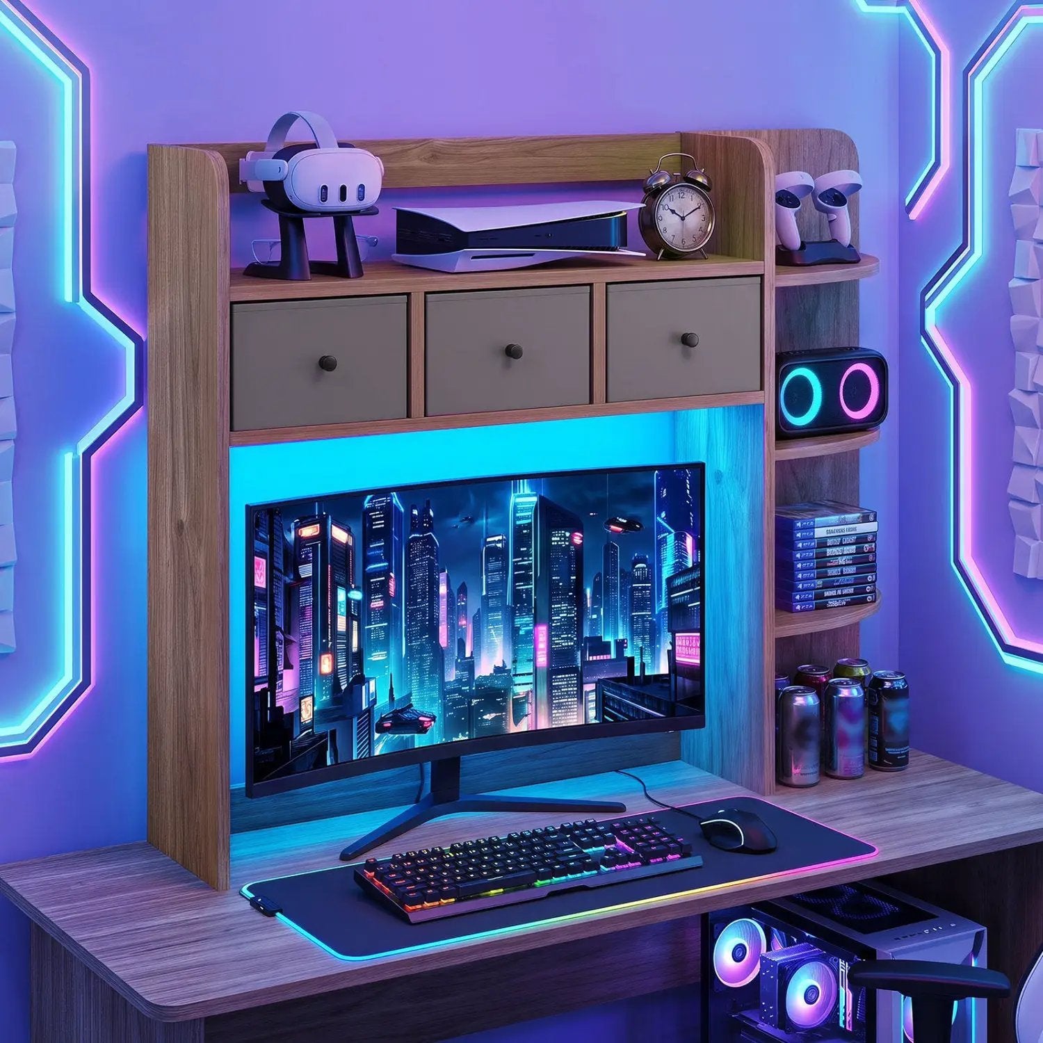 Desktop Bookshelf with LED Lights 5-Tier Storage & 3 Drawers by DirectDeals