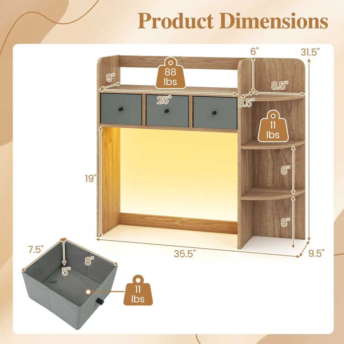 Desktop Bookshelf with LED Lights 5-Tier Storage & 3 Drawers by DirectDeals