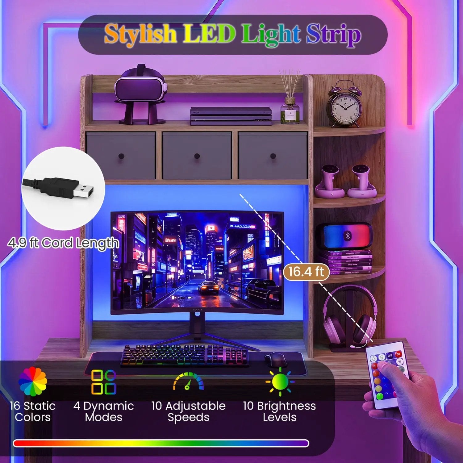 Desktop Bookshelf with LED Lights 5-Tier Storage & 3 Drawers by DirectDeals