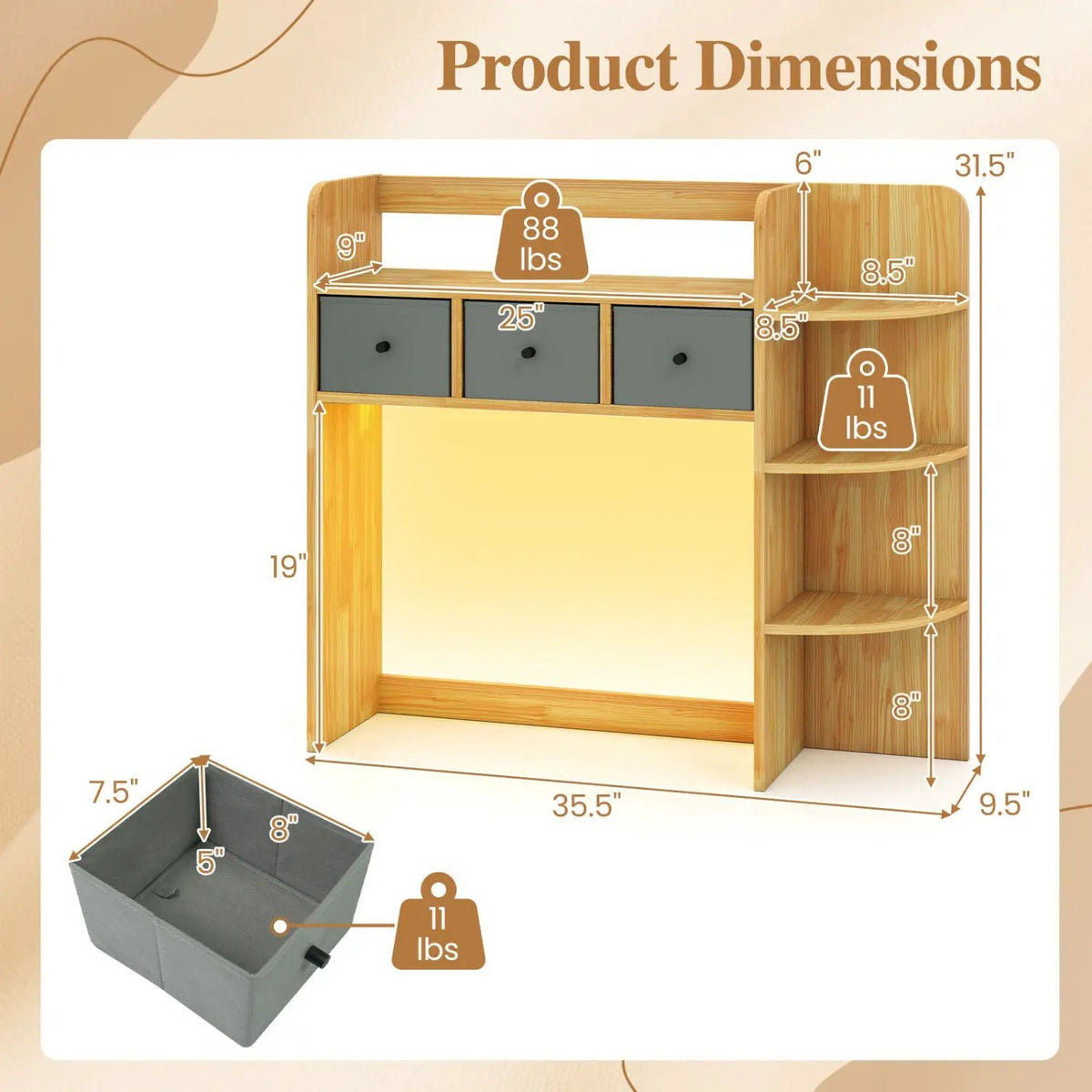 Desktop Bookshelf with LED Lights 5-Tier Storage & 3 Drawers by DirectDeals