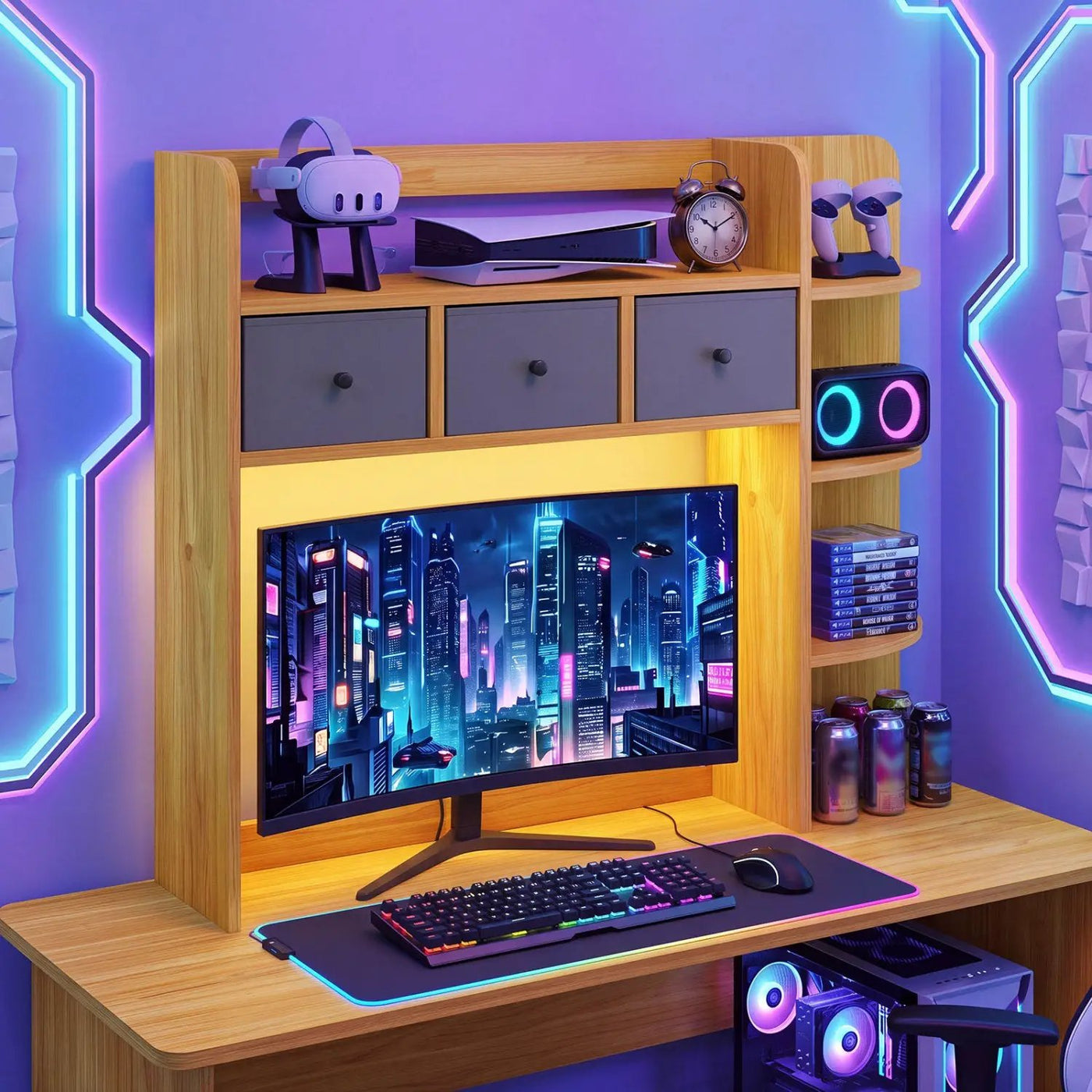 Desktop Bookshelf with LED Lights 5-Tier Storage & 3 Drawers by DirectDeals