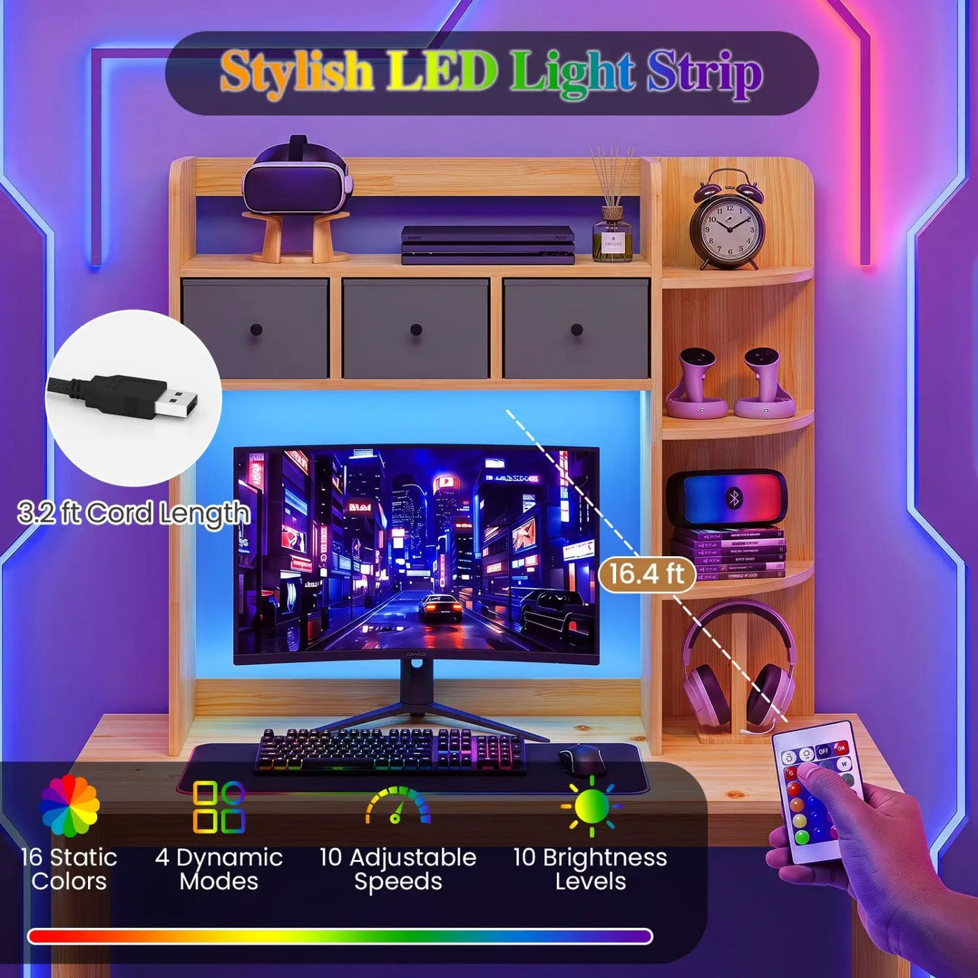 Desktop Bookshelf with LED Lights 5-Tier Storage & 3 Drawers by DirectDeals