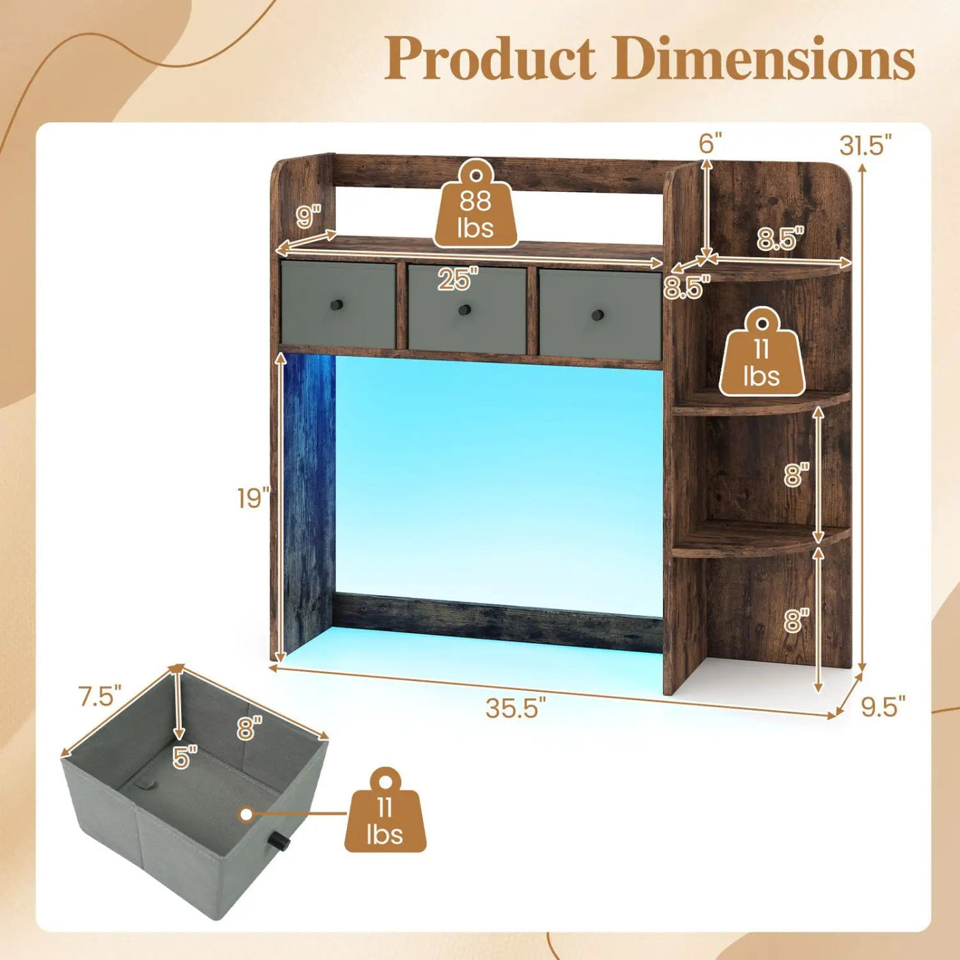 Desktop Bookshelf with LED Lights 5-Tier Storage & 3 Drawers by DirectDeals