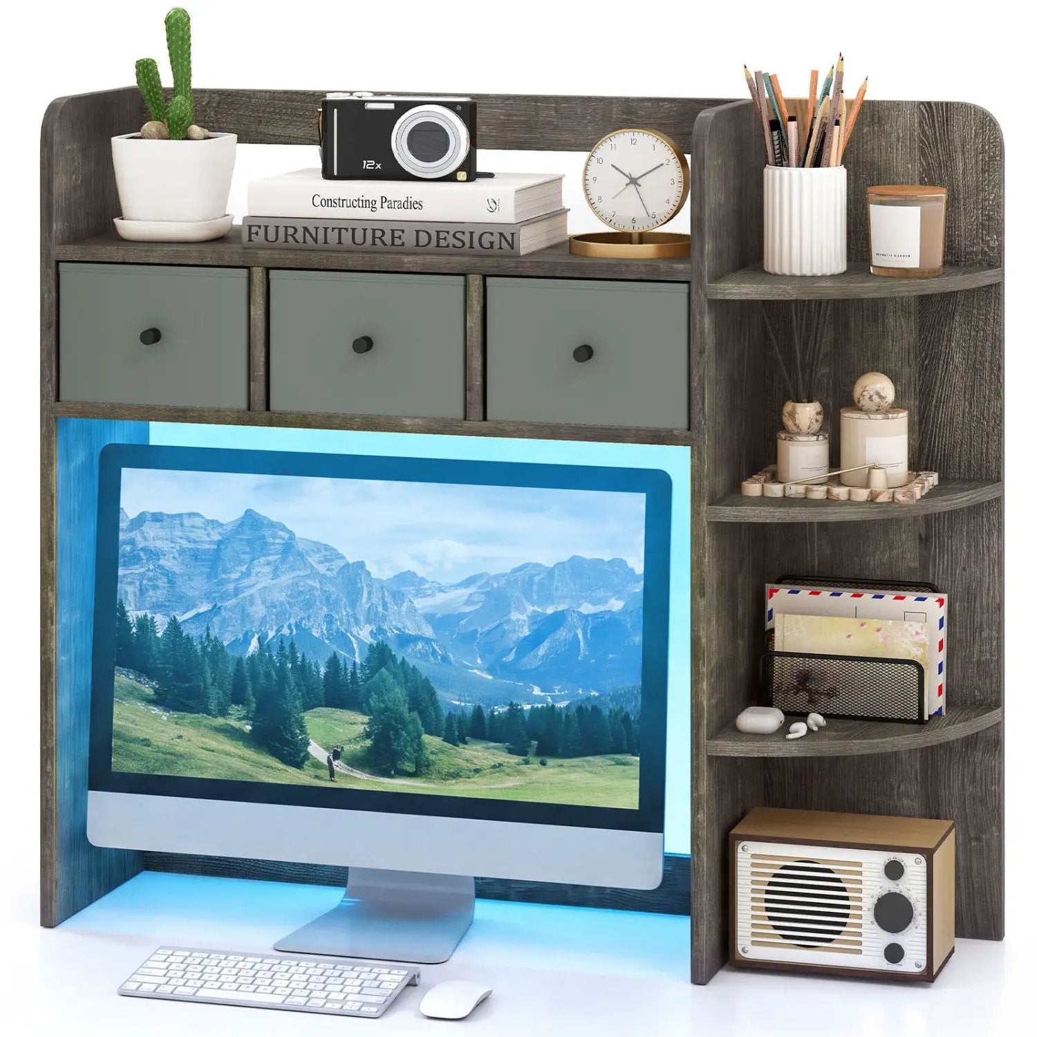 Desktop Bookshelf with LED Lights 5-Tier Storage & 3 Drawers by DirectDeals