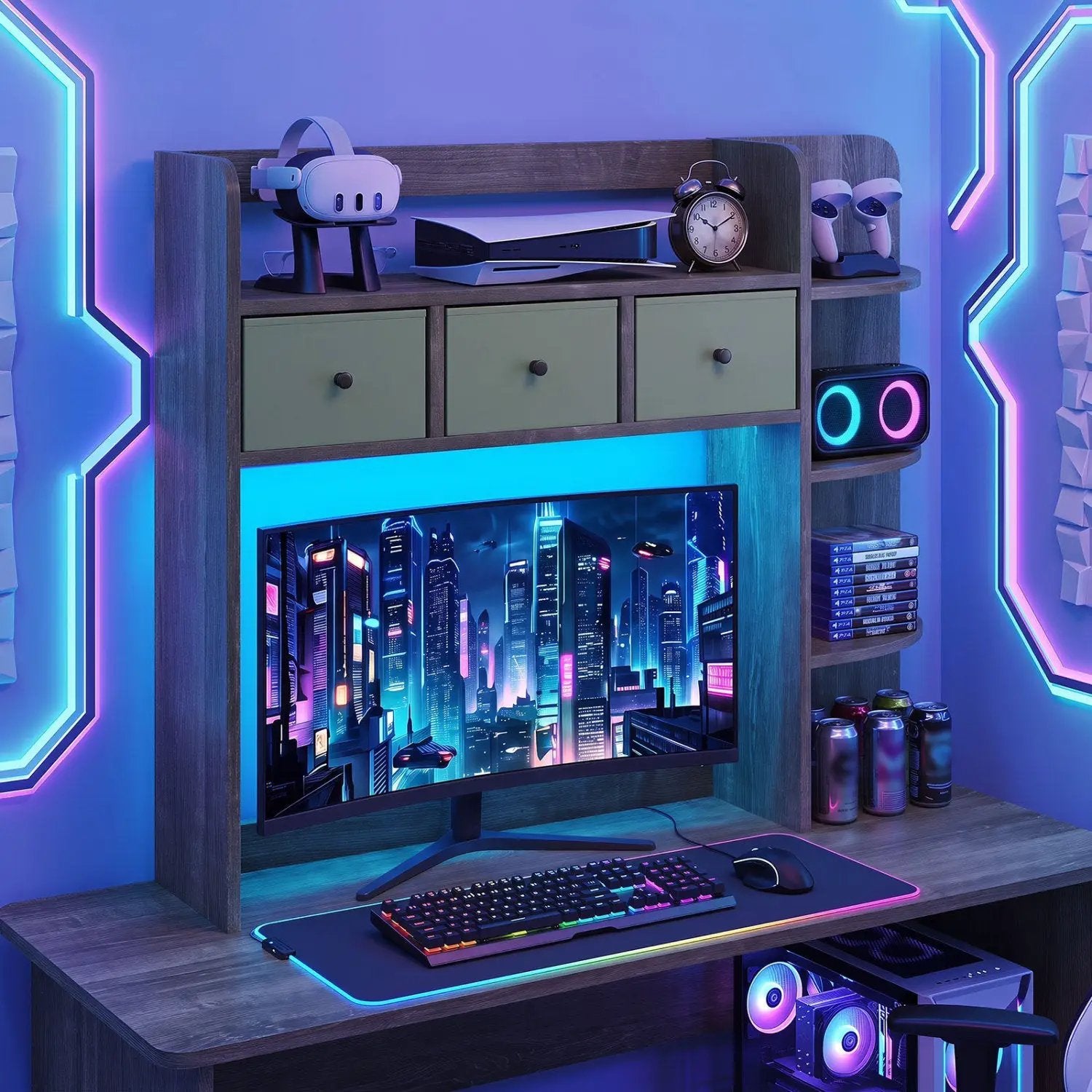 Desktop Bookshelf with LED Lights 5-Tier Storage & 3 Drawers by DirectDeals