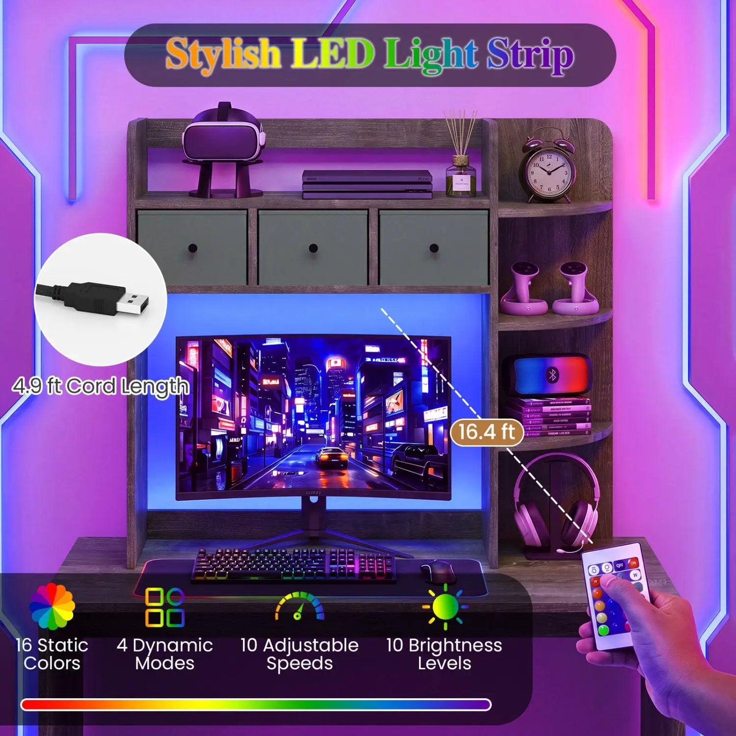 Desktop Bookshelf with LED Lights 5-Tier Storage & 3 Drawers by DirectDeals