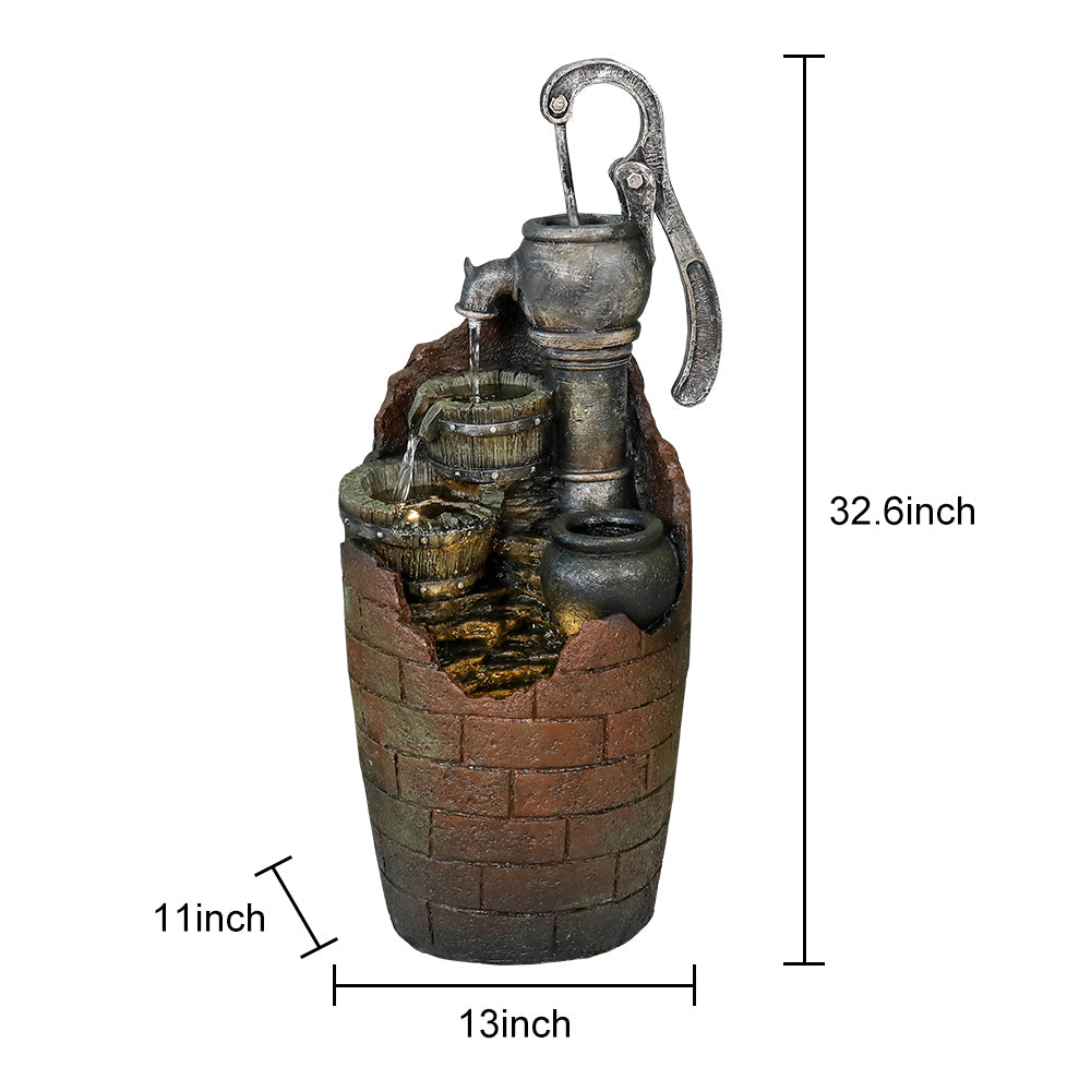 Resin Hand Pump Barrel Farmhouse Outdoor Fountain 32 in, dimensions drawing
