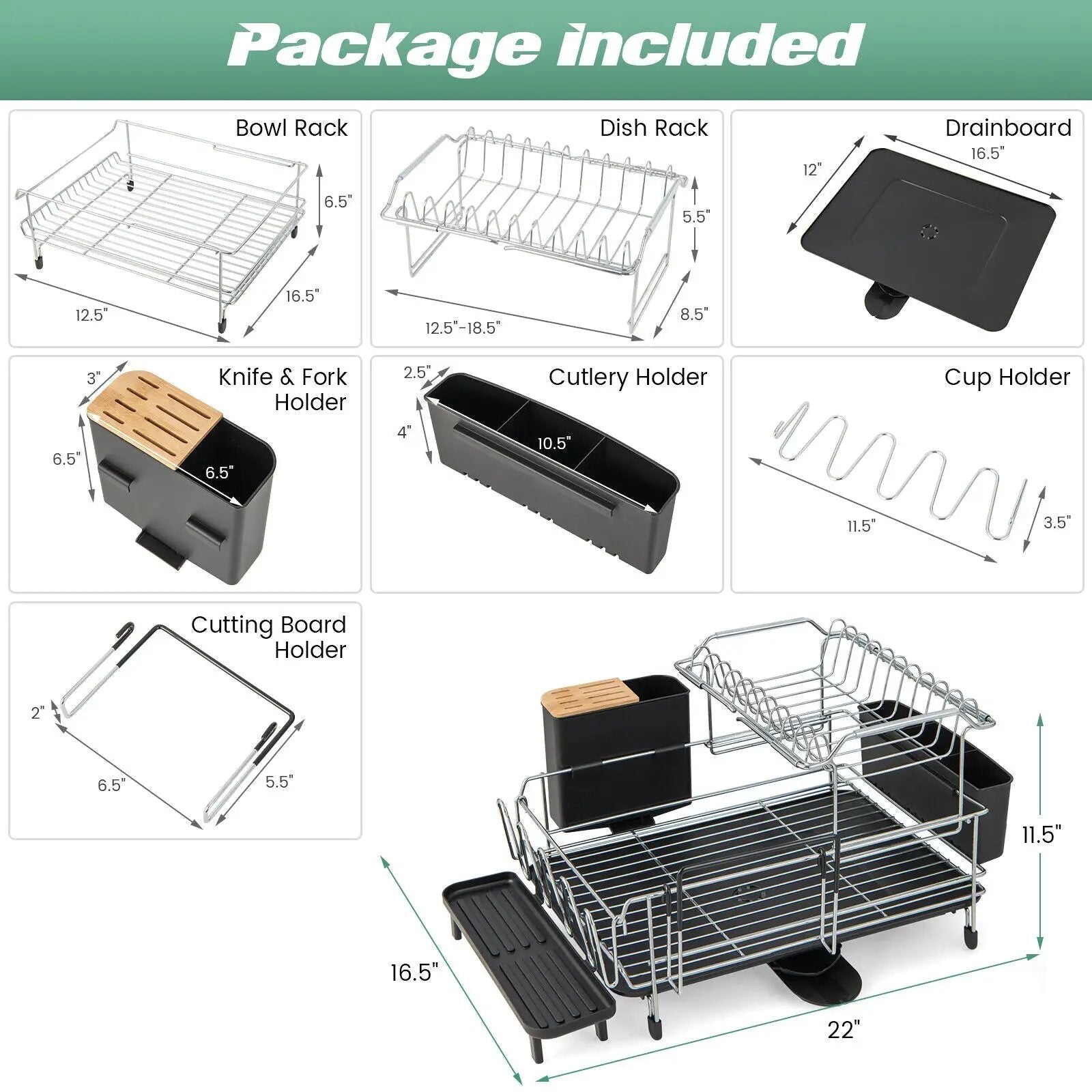 2-Tier Detachable Dish Rack with Drainboard and 360¬∞ Swivel Spout by DirectDeals