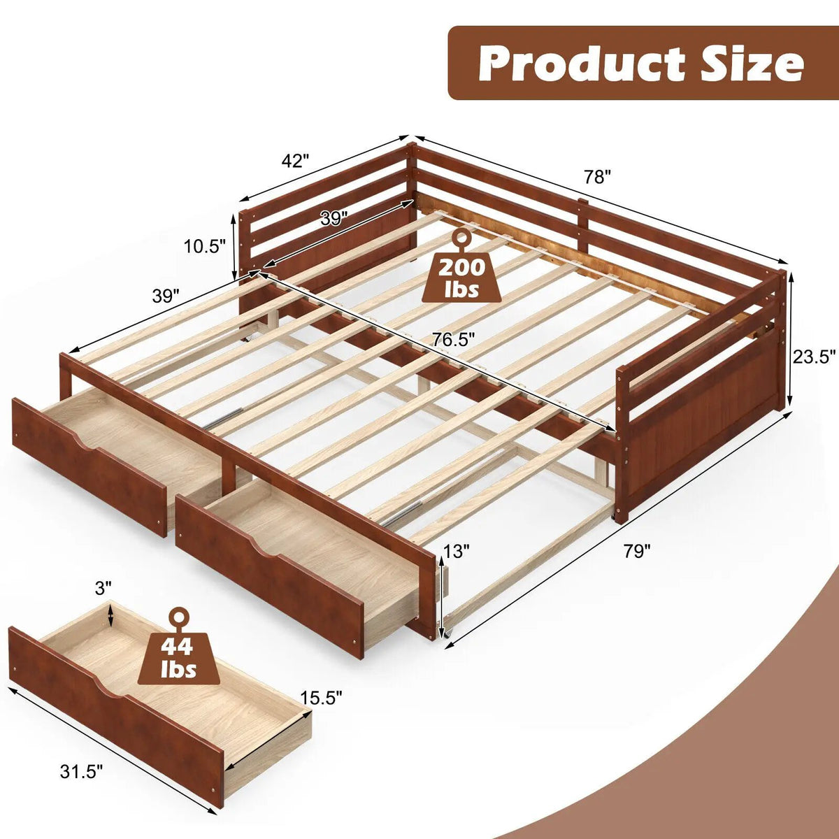 Extendable Twin to King Daybed with Trundle and 2 Storage Drawers, dimensions drawing