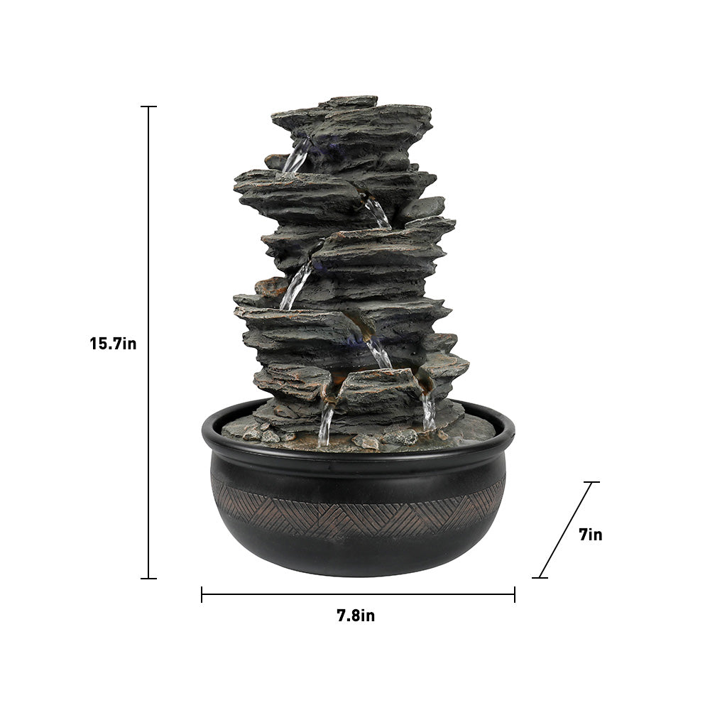 Resin 6 Tier Slate Tabletop Water Fountain 15 Inch LED, dimensions drawing