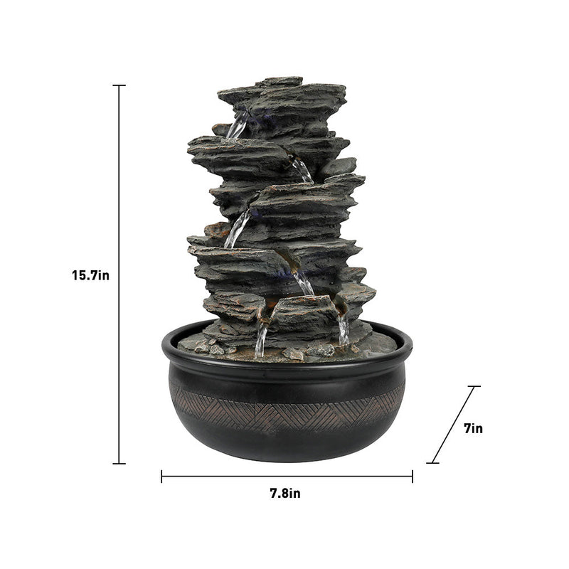Resin 6 Tier Slate Tabletop Water Fountain 15 Inch LED, dimensions drawing
