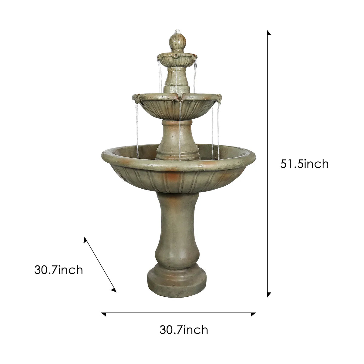Concrete Fluted 3 Tier Outdoor Water Fountain 51 Inch, dimensions drawing
