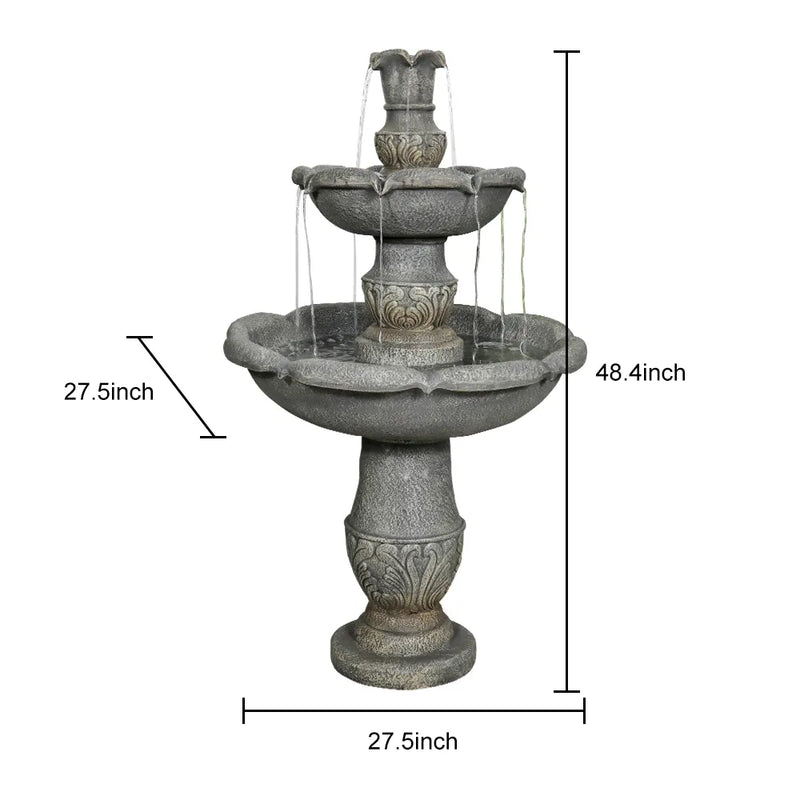 Concrete Carved 2 Tier Outdoor Water Fountain 48 Inch, dimensions drawing