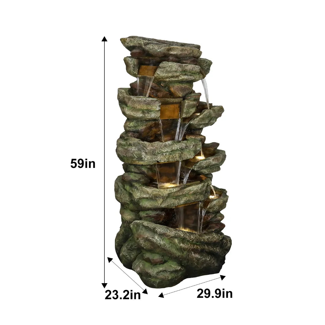 Resin Stacked Stone Rock Waterfall Outdoor Fountain with LED, dimensions drawing