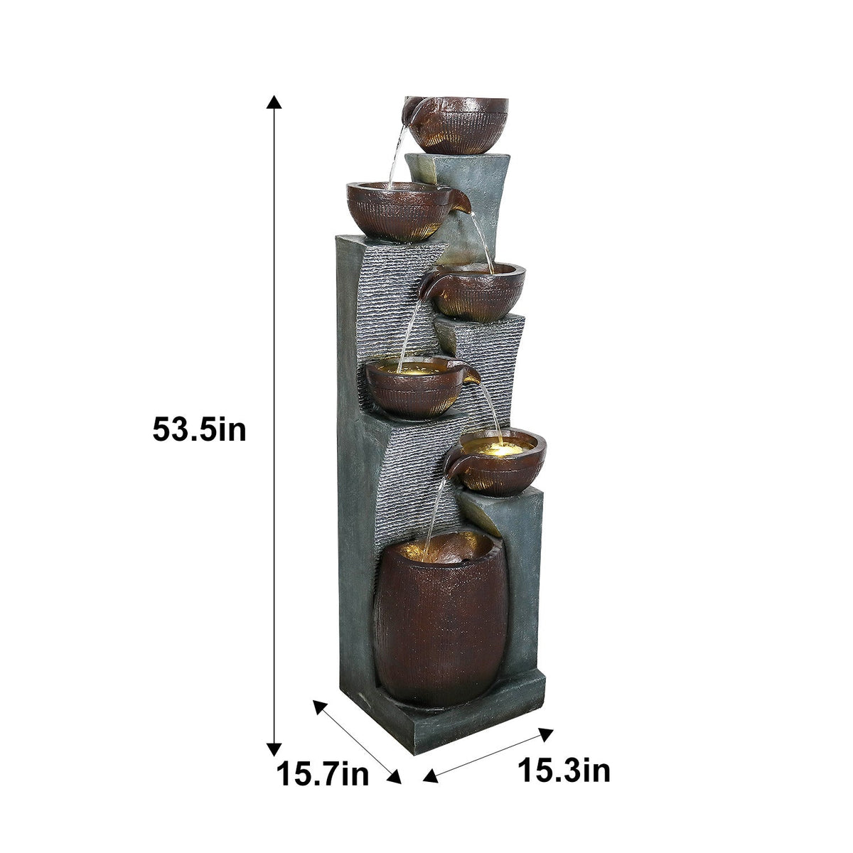 Resin 6 Tier Outdoor Water Fountain Pottery Bowls 53 in, dimensions drawing
