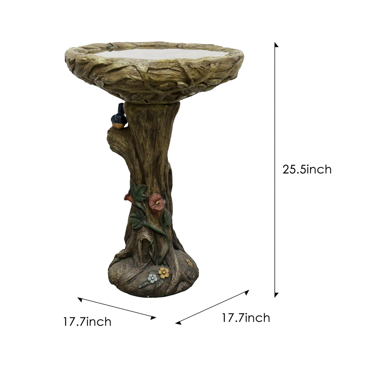 Concrete Bird Bath Rustic Trunk with Vines 24 Inch, dimensions drawing
