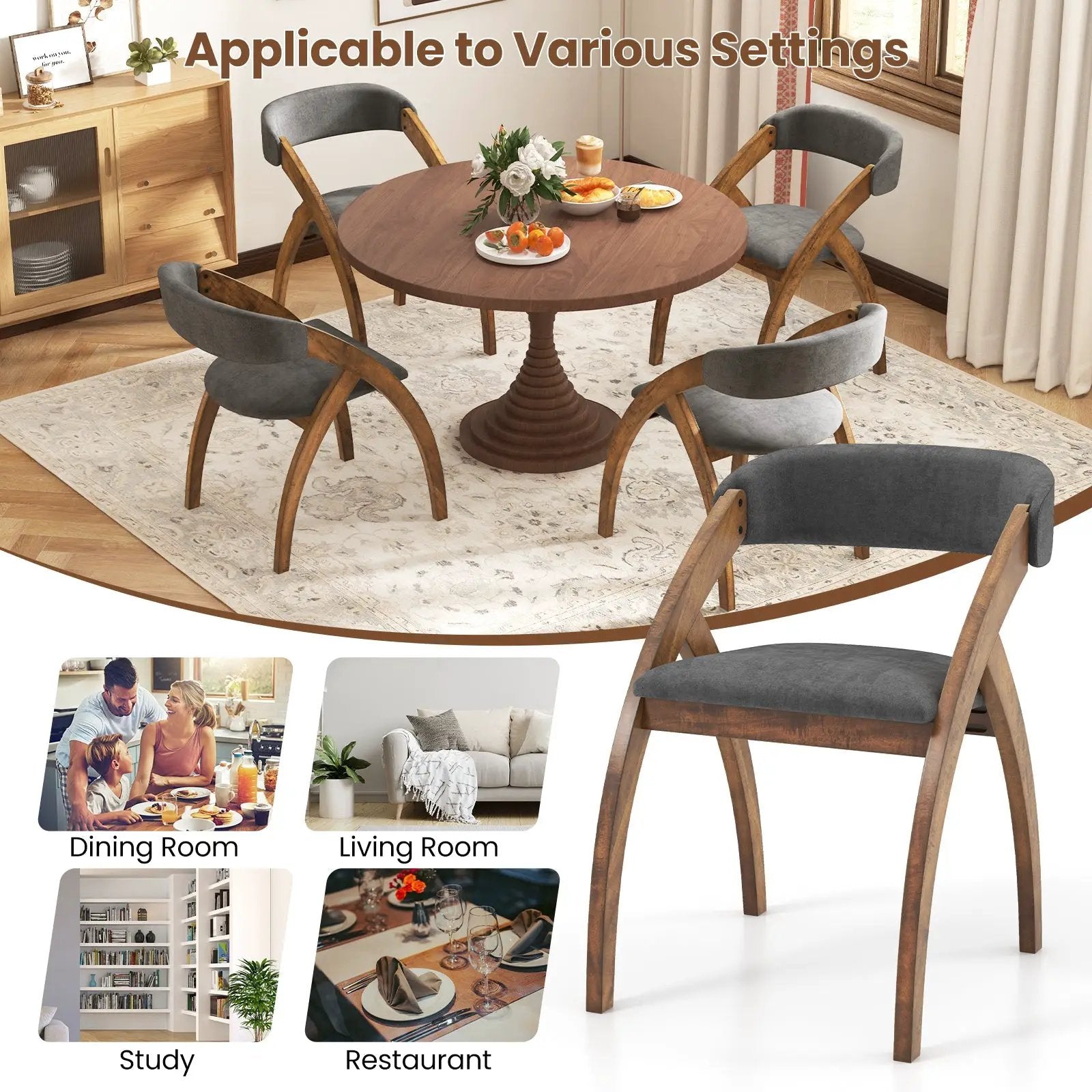 Dining Chair Set of 2 with Padded Cushion and Curved Back for Living Room-Walnut by DirectDeals
