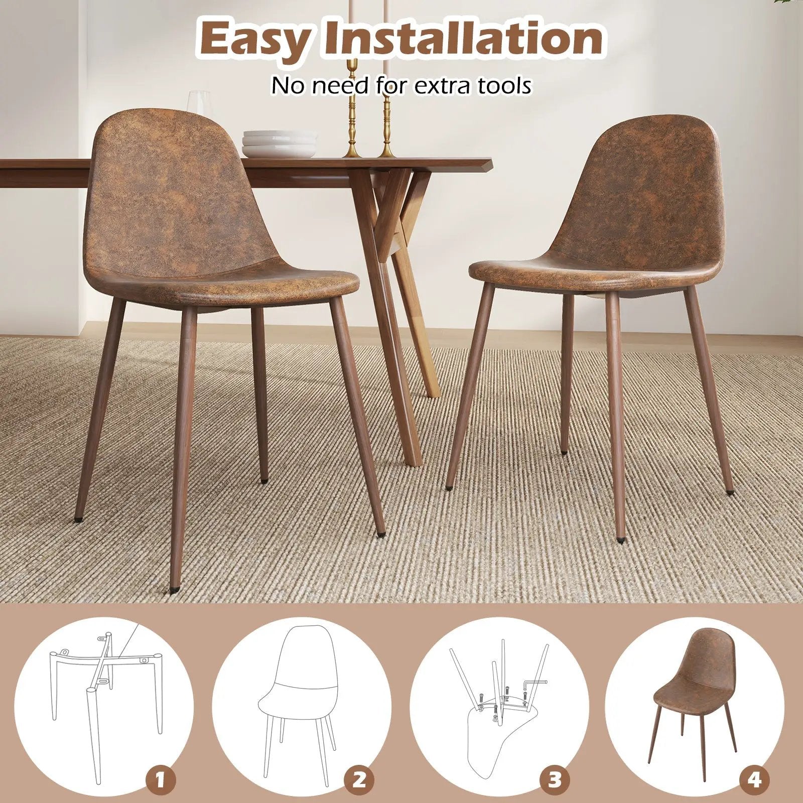 Dining Chair Set of 4 Faux PU Leather Upholstered Kitchen Chairs with Metal Legs-Brown by DirectDeals