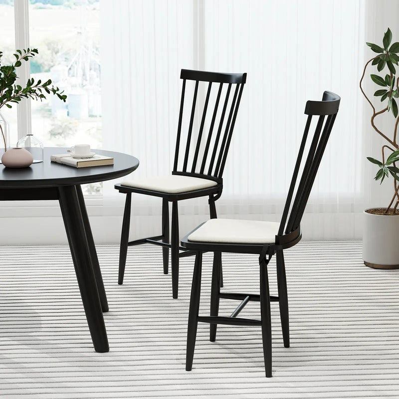 Dining Chairs Set of 2 Farmhouse Solid Rubber Wood Windsor Chairs with Removable Seat Cushions-Black by DirectDeals