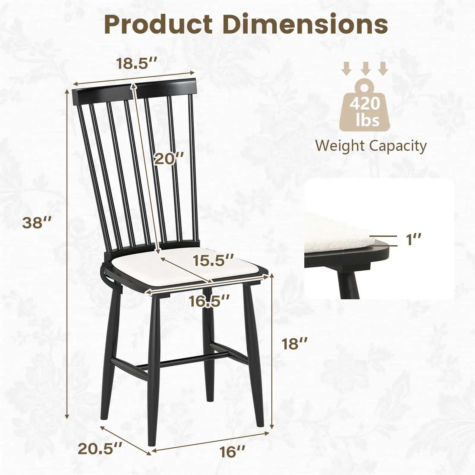Dining Chairs Set of 2 Farmhouse Solid Rubber Wood Windsor Chairs with Removable Seat Cushions-Black by DirectDeals