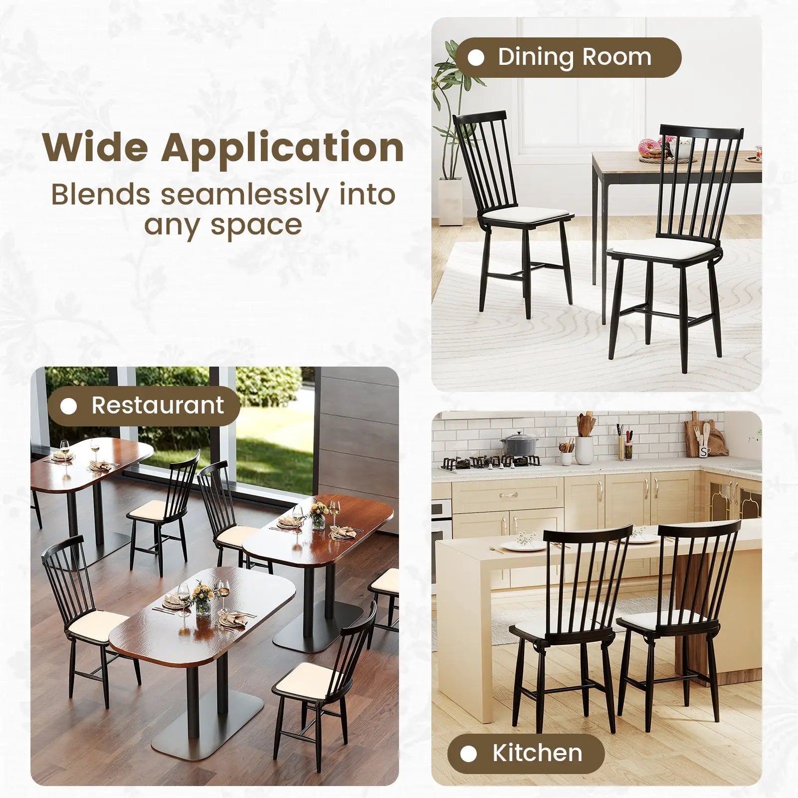 Dining Chairs Set of 2 Farmhouse Solid Rubber Wood Windsor Chairs with Removable Seat Cushions-Black by DirectDeals