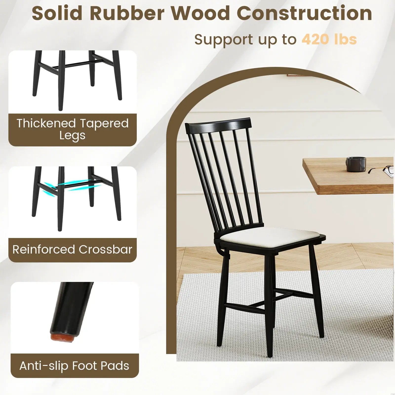 Dining Chairs Set of 2 Farmhouse Solid Rubber Wood Windsor Chairs with Removable Seat Cushions-Black by DirectDeals