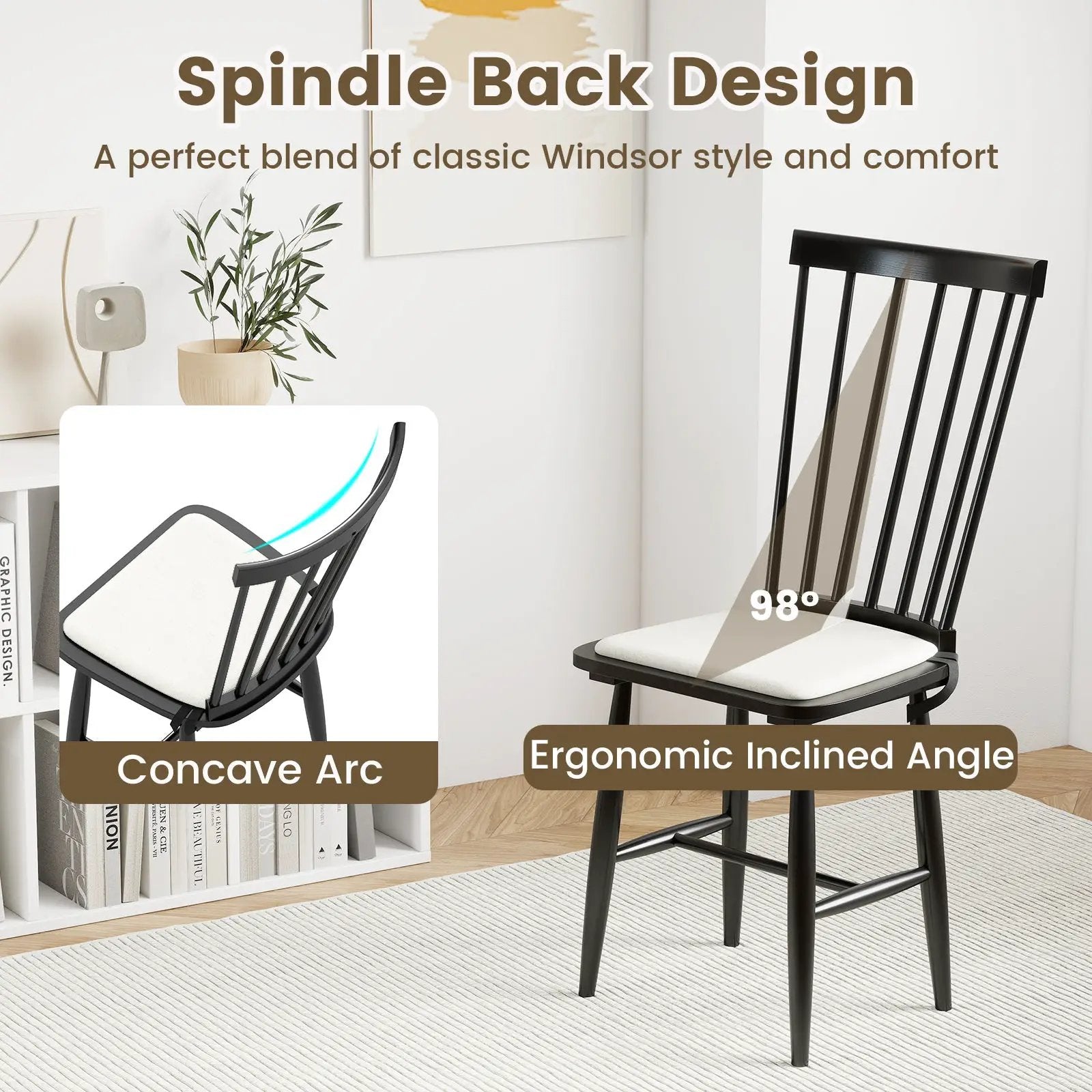 Dining Chairs Set of 2 Farmhouse Solid Rubber Wood Windsor Chairs with Removable Seat Cushions-Black by DirectDeals