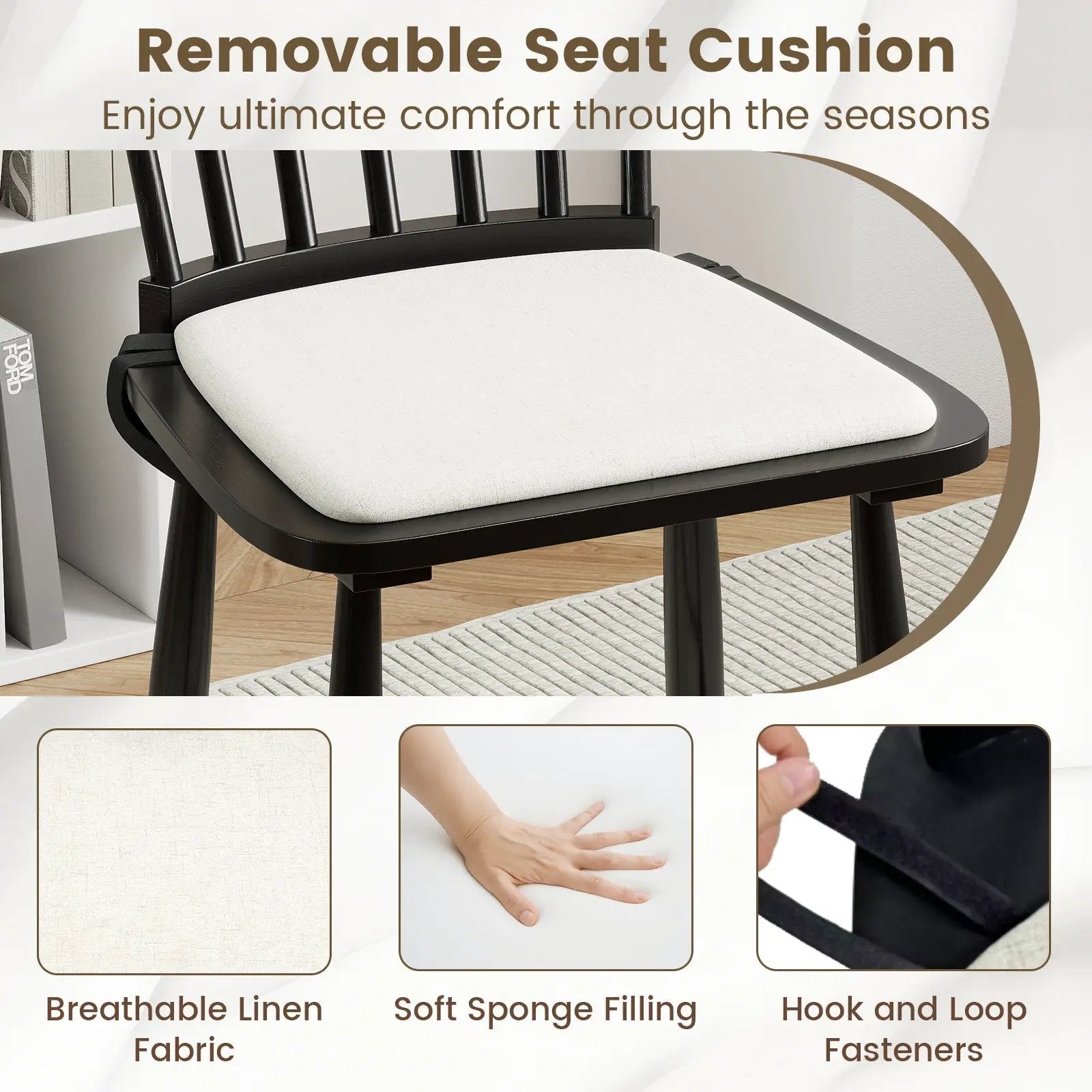 Dining Chairs Set of 2 Farmhouse Solid Rubber Wood Windsor Chairs with Removable Seat Cushions-Black by DirectDeals