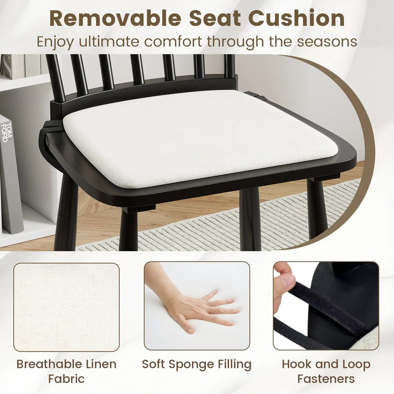 Dining Chairs Set of 2 Farmhouse Solid Rubber Wood Windsor Chairs with Removable Seat Cushions-Black by DirectDeals