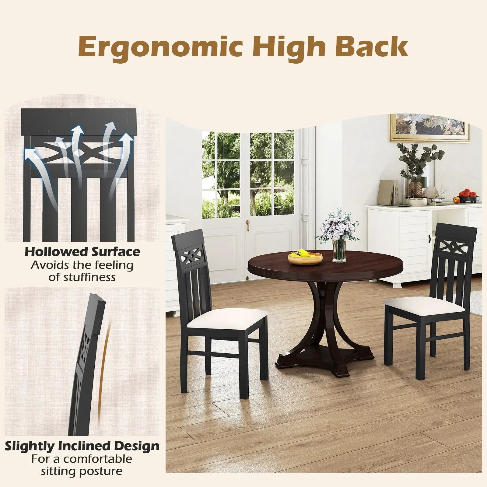 Dining Chairs Set of 2 High Back Dining Room Chairs with Padded Seat and Rubber Wood Frame-Black by DirectDeals