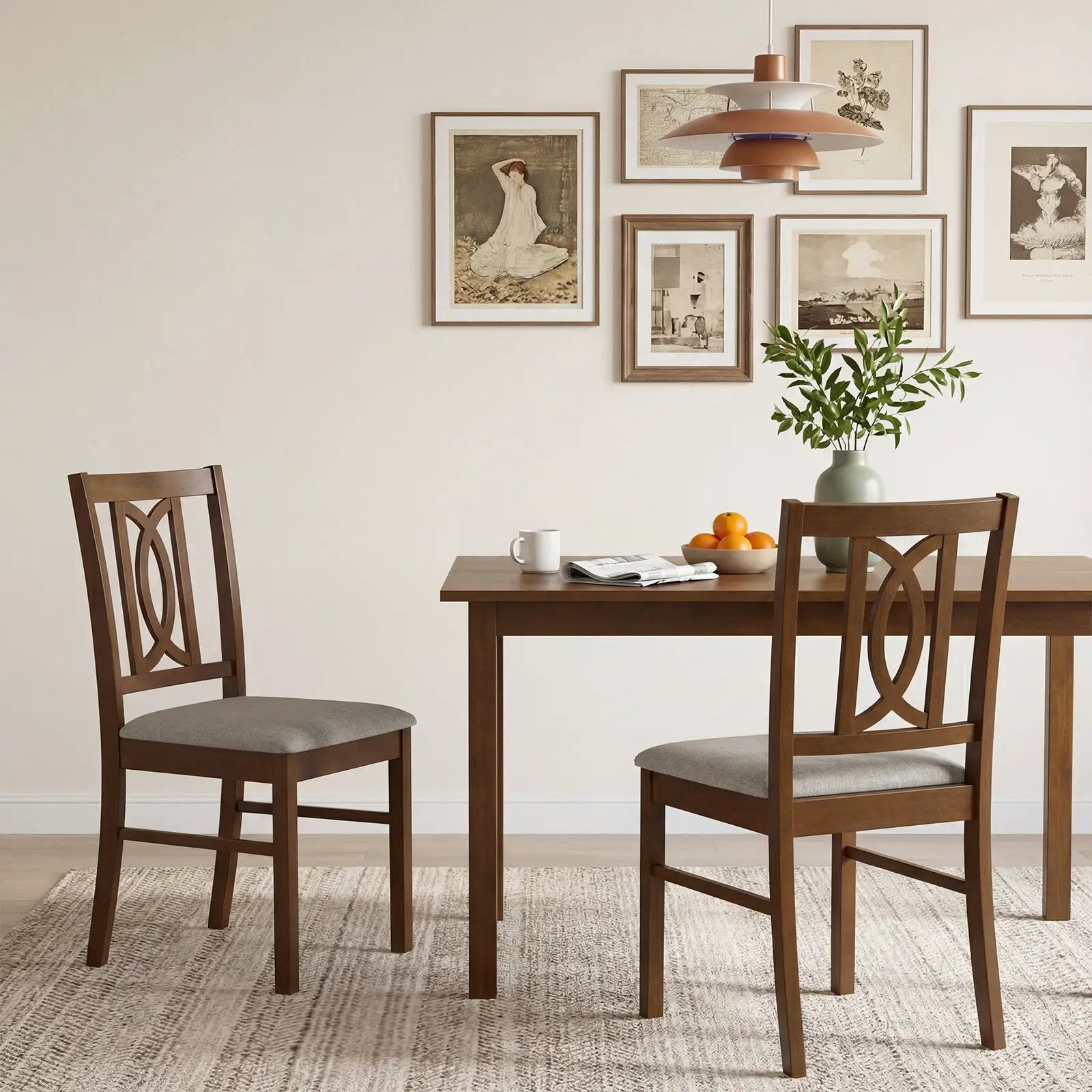 Dining Chairs Set of 2 Rubber Wood Dining Room Chairs with Hollowed Backrest-Walnut by DirectDeals