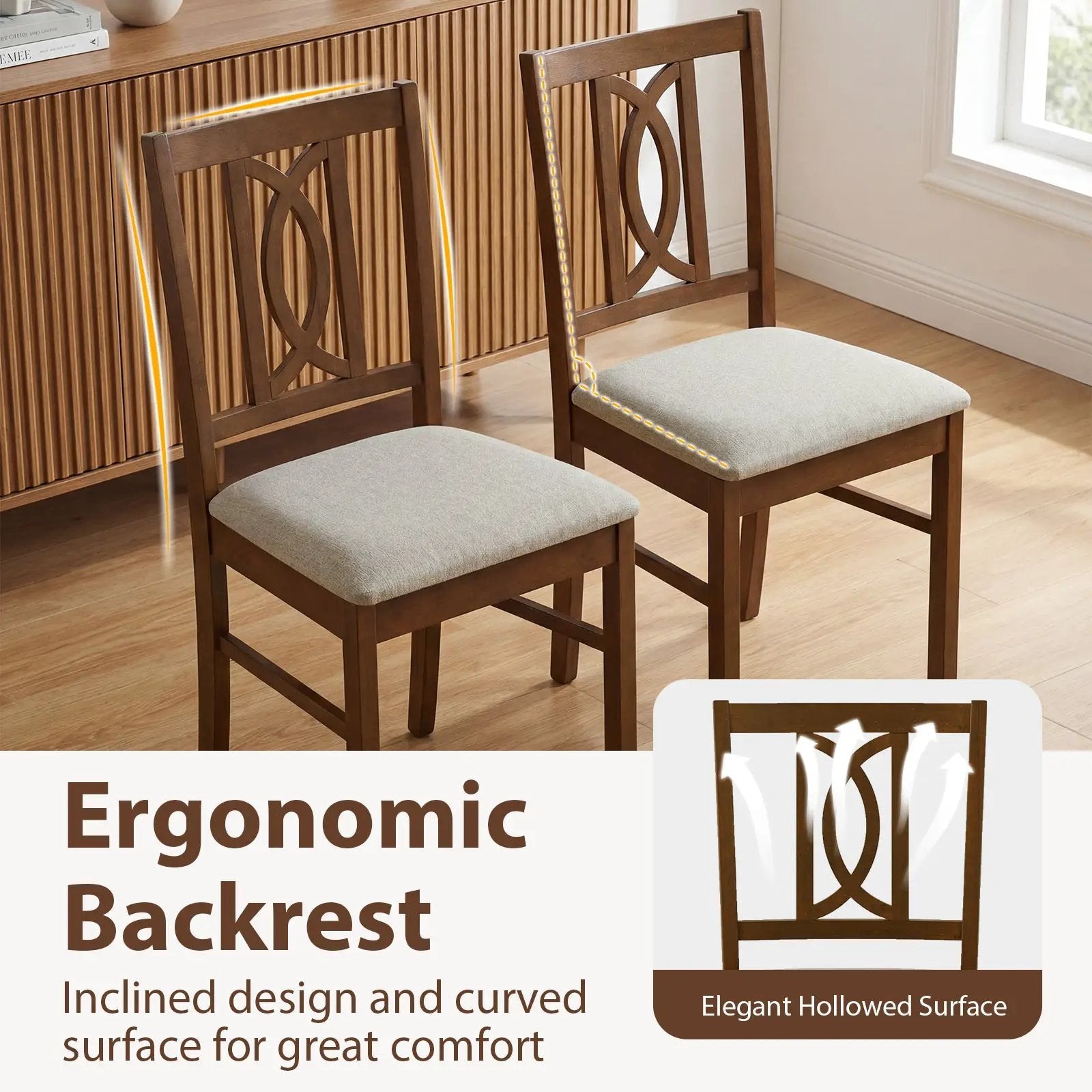 Dining Chairs Set of 2 Rubber Wood Dining Room Chairs with Hollowed Backrest-Walnut by DirectDeals