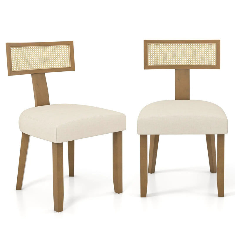 Set of 2 Linen Fabric Upholstered Accent Dining Chairs with Curved Rattan Backrests-Beige by DirectDeals