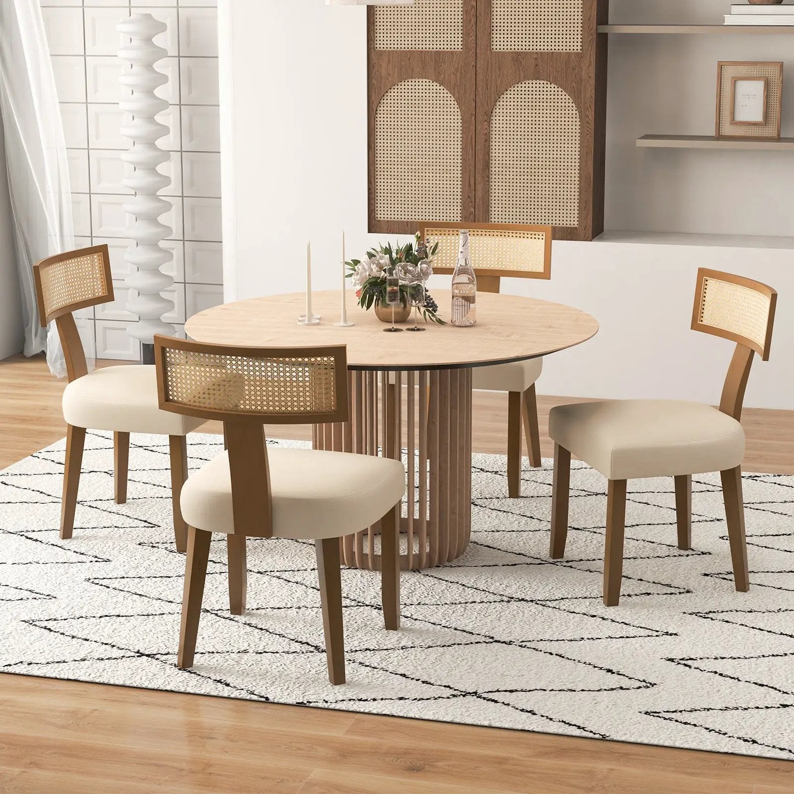 Set of 2 Linen Fabric Upholstered Accent Dining Chairs with Curved Rattan Backrests-Beige by DirectDeals