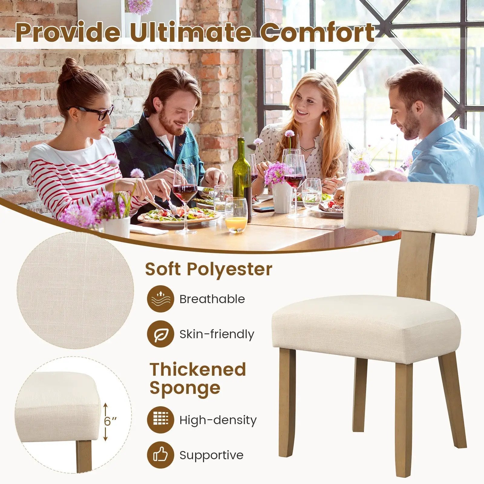 Dining Chairs Set of 2 with Curved Backrest Padded Seat-Beige by DirectDeals