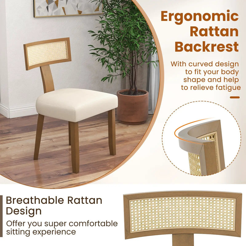 Set of 2 Linen Fabric Upholstered Accent Dining Chairs with Curved Rattan Backrests-Beige by DirectDeals