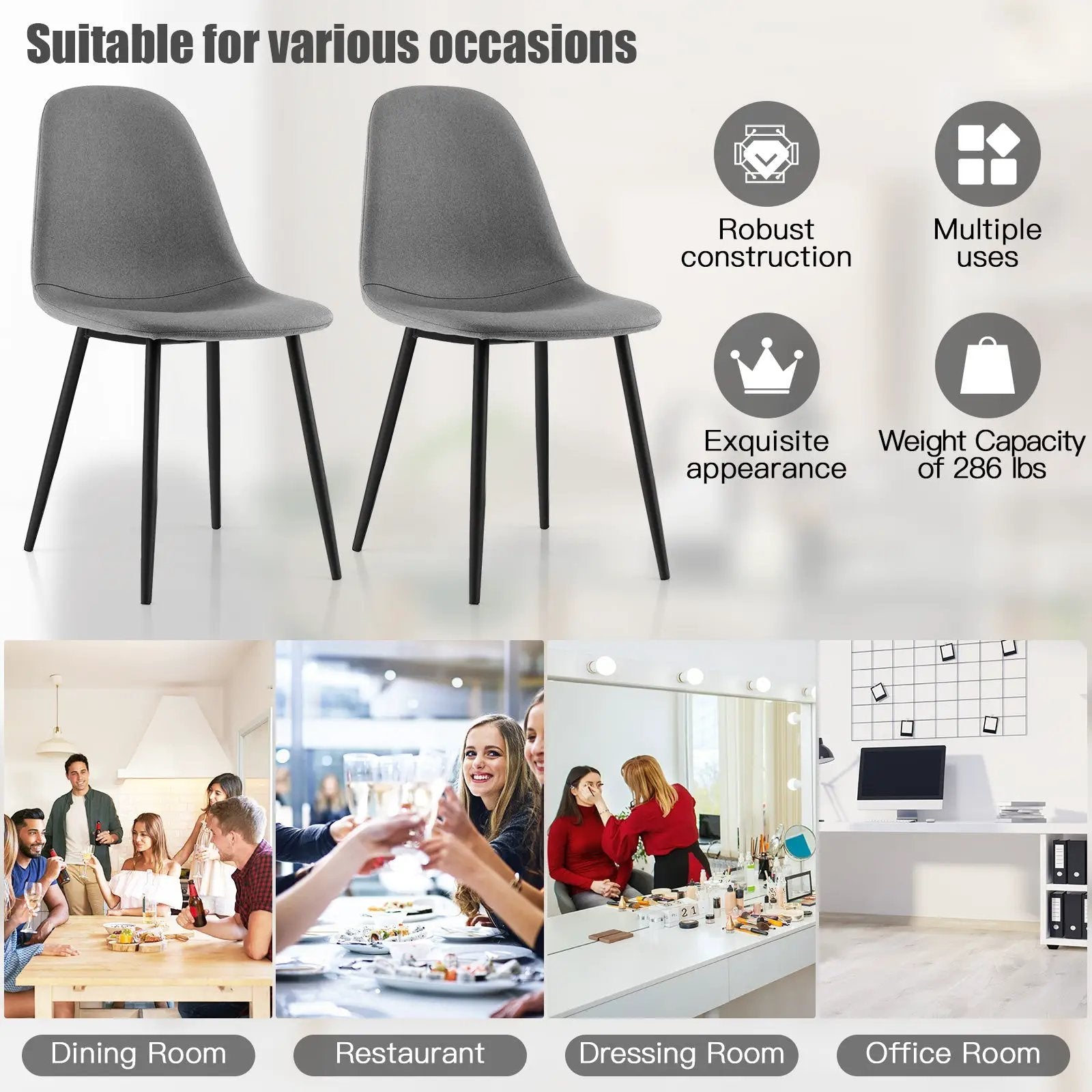 Dining Chairs Set of 4 with Black Metal Legs-Gray by DirectDeals