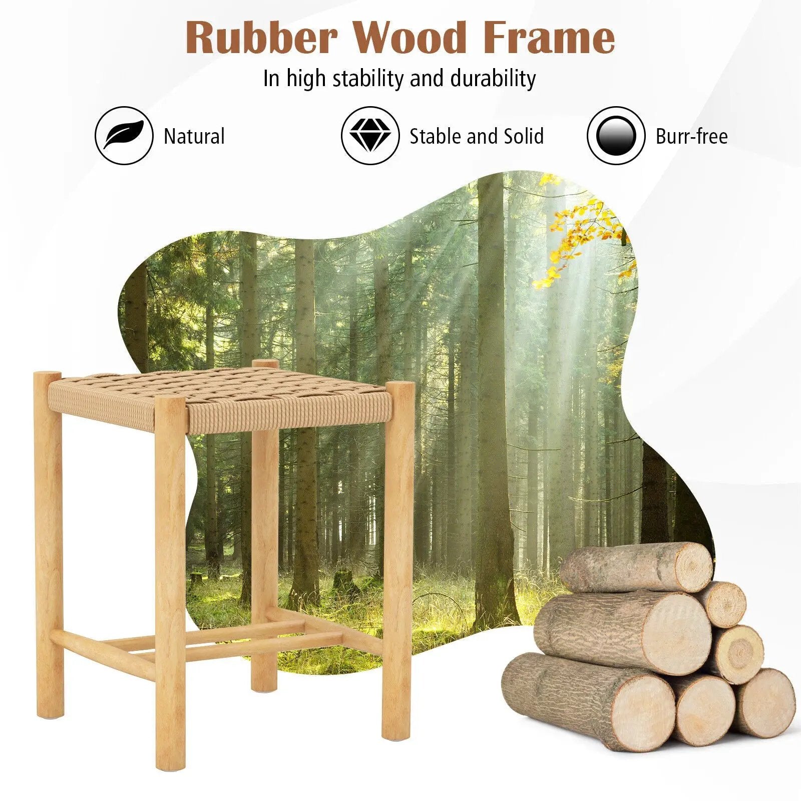 Dining Stool Set of 2 with Rubber Wood Frame-Natural by DirectDeals