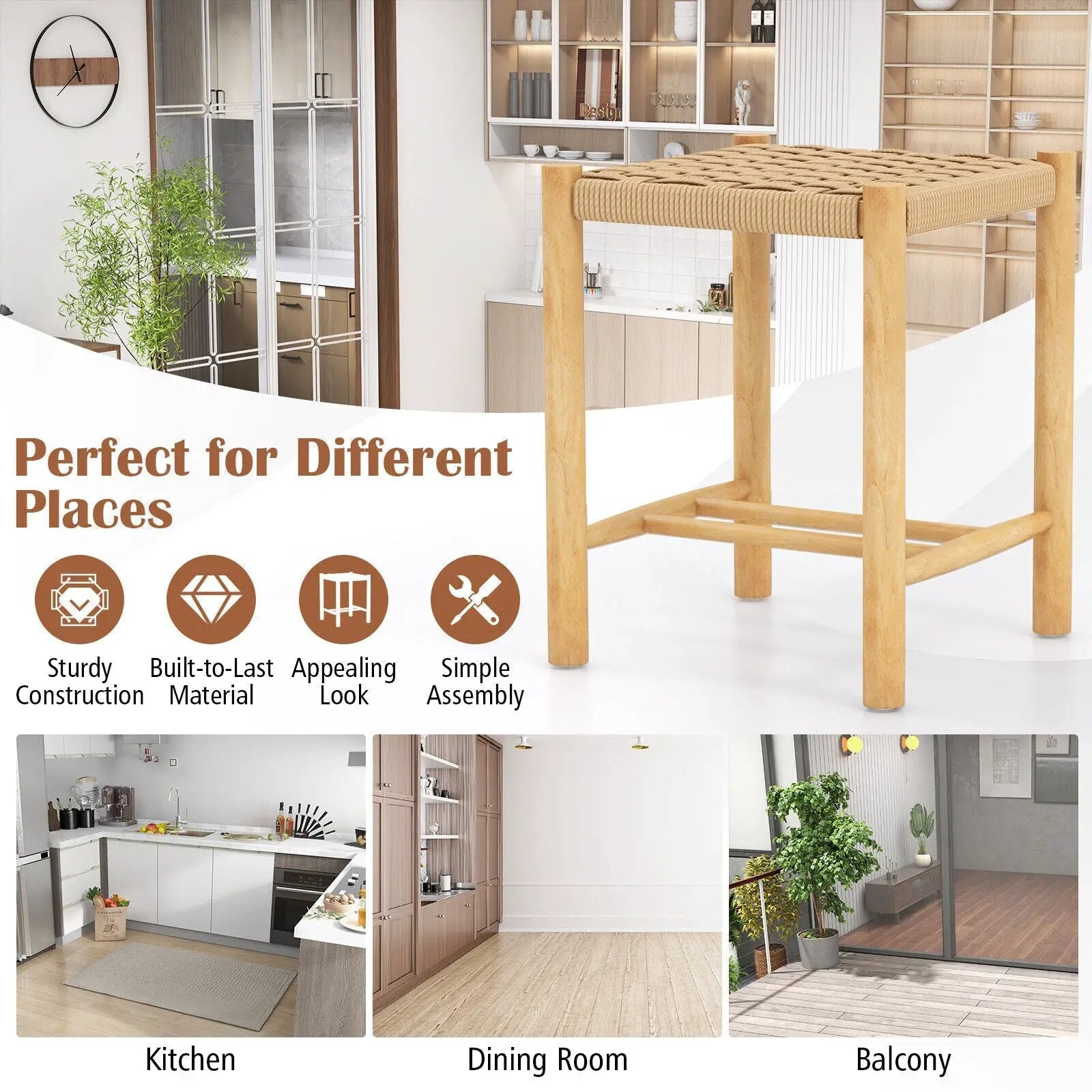 Dining Stool Set of 2 with Rubber Wood Frame-Natural by DirectDeals