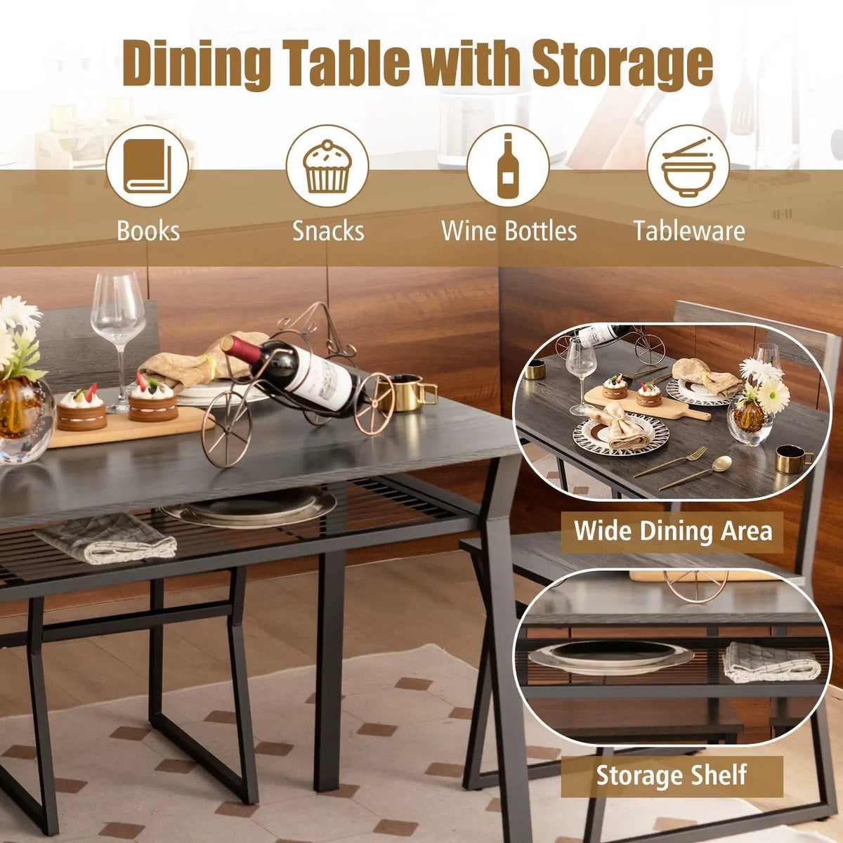 5 Piece Dining Table Set with Storage Rack and Metal Frame by DirectDeals