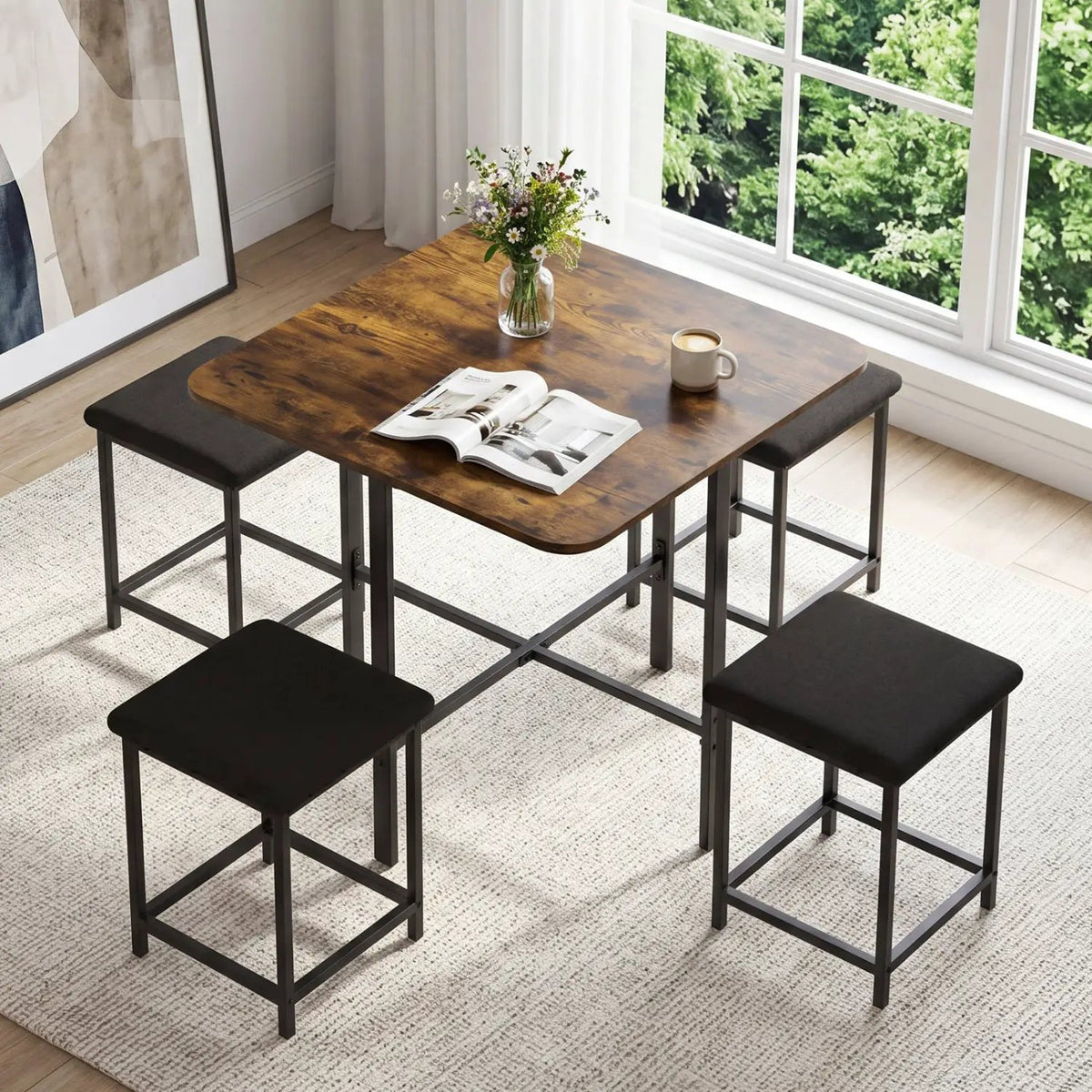 5-Piece Dining Table Set with 4 Upholstered Stools, photo 2 of 24