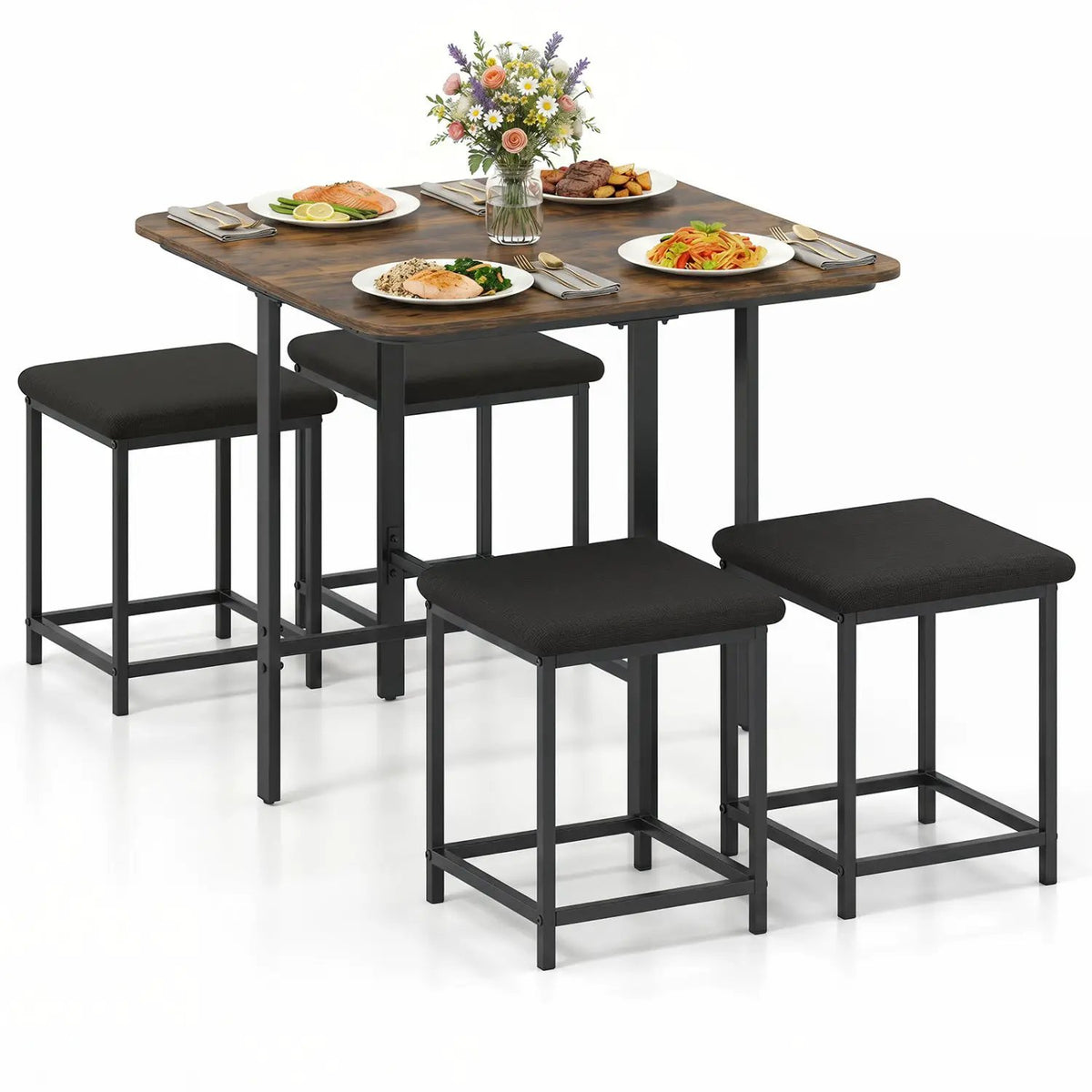 5-Piece Dining Table Set with 4 Upholstered Stools, photo 4 of 24